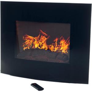 25.5-Inch Wall Mounted Electric Fireplace – Curved Glass Heater with Log Fuel Effect, Adjustable Flames, and Remote Control by Northwest (Black)