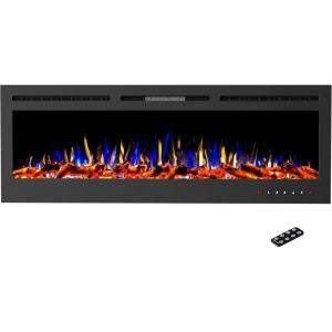 Northwest 36-Inch Wall Mounted Electric Fireplace – Recessed Heater with Front Vent, Remote, LED Flames, and Log and Crystal Media (Black)(72-Inch)
