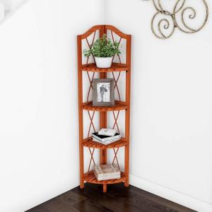 Folding Corner Shelf- 4 Tier Wooden Bookcase- for Display Shelving for Living Room, Bathroom, Kitchen or Office- Freestanding Organizer by Lavish Home