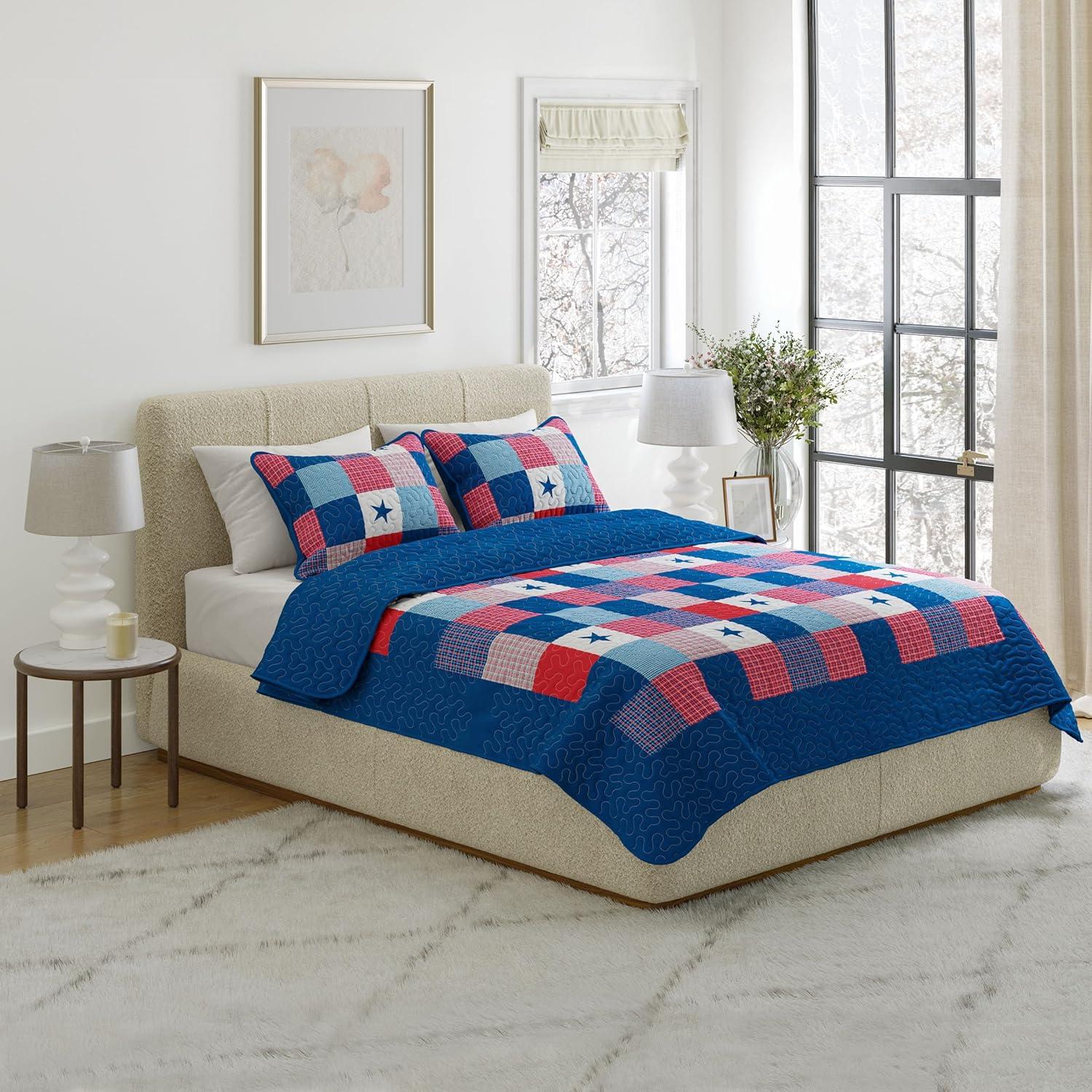 image3Piece Caroline Patriotic Quilt Set Americana Stars and Plaid Patchwork Bedding FullQueen Bed Spread with 2 Pillow Shams by Lavish HomeFullQueen