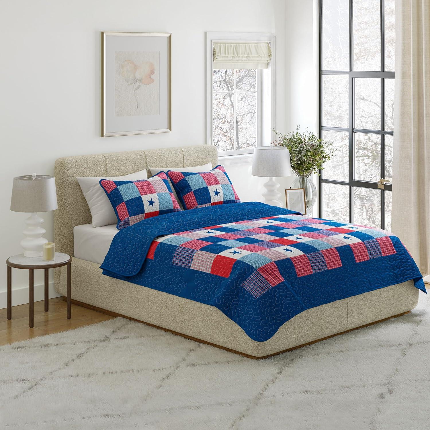 image3Piece Caroline Patriotic Quilt Set Americana Stars and Plaid Patchwork Bedding FullQueen Bed Spread with 2 Pillow Shams by Lavish HomeTwin