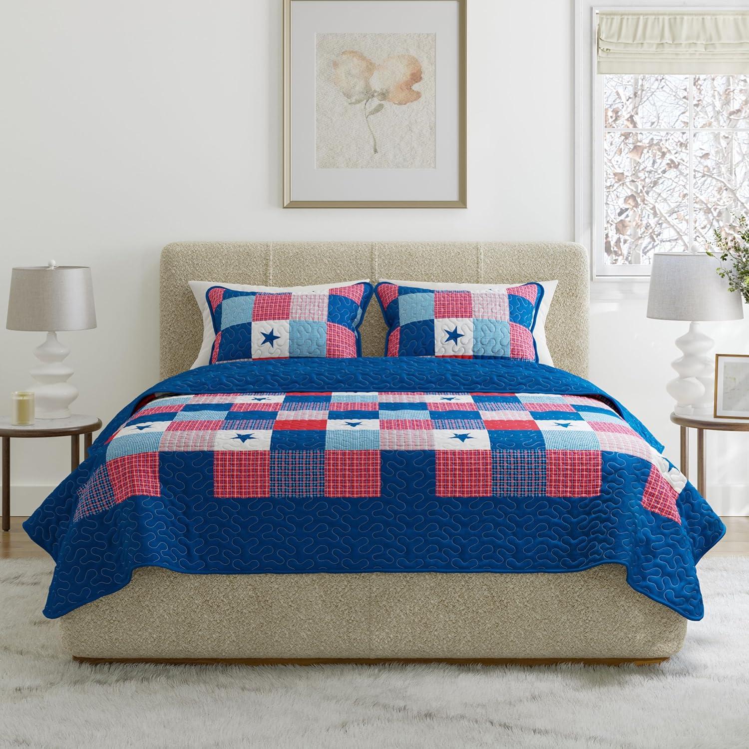 image3Piece Caroline Patriotic Quilt Set Americana Stars and Plaid Patchwork Bedding FullQueen Bed Spread with 2 Pillow Shams by Lavish HomeTwin