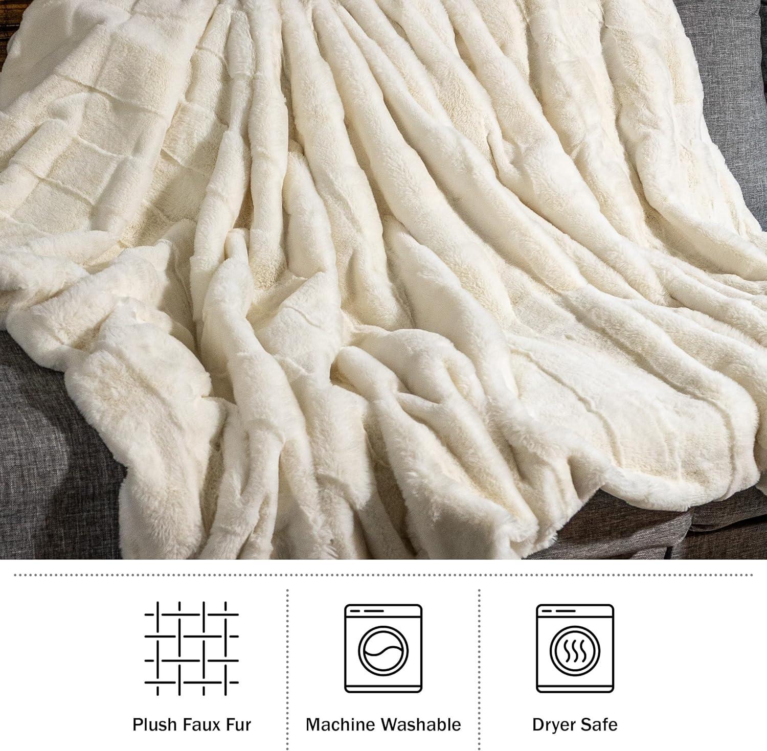 imageLavish Home Faux Fur Blanket 60x80Inch Queen Size Throw Blanket with Plush Faux Fur Front and Mink Back Bedding for Sofas and Beds CreamCream