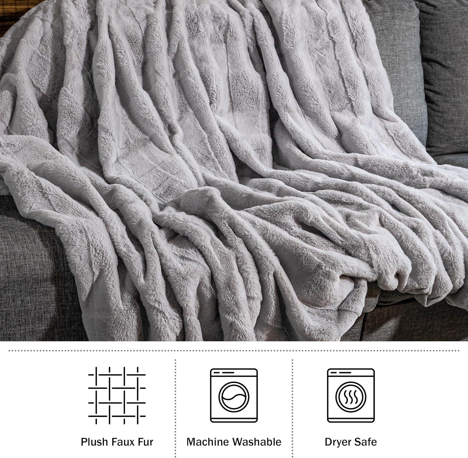 imageLavish Home Faux Fur Blanket 60x80Inch Queen Size Throw Blanket with Plush Faux Fur Front and Mink Back Bedding for Sofas and Beds CreamGray
