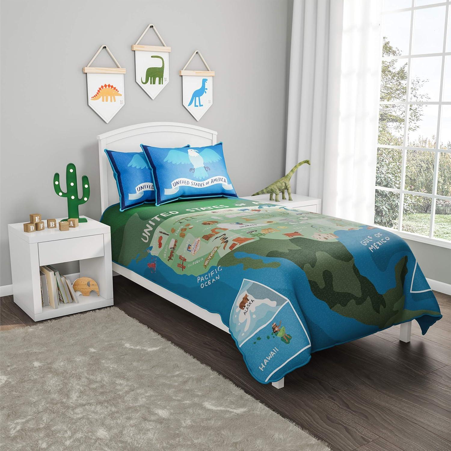 imageUnited States 3 Piece Quilt Set Twin XL Bedding amp 2 Pillow ShamsHypoallergenic MicrofiberLandmarks amp Icons of the 50 States amp American Eagle by LHC