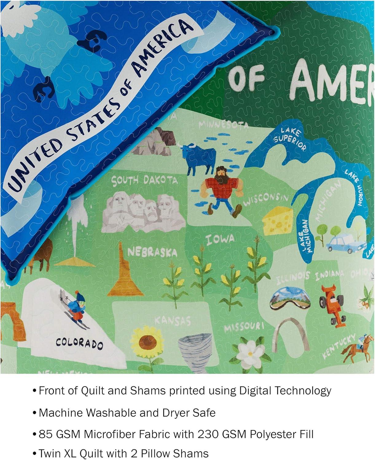 imageUnited States 3 Piece Quilt Set Twin XL Bedding amp 2 Pillow ShamsHypoallergenic MicrofiberLandmarks amp Icons of the 50 States amp American Eagle by LHC