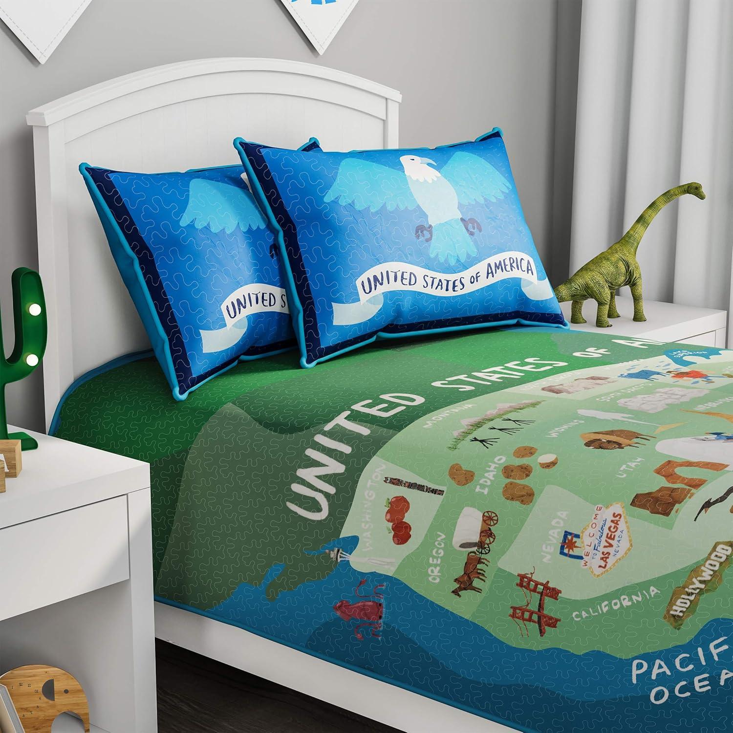 imageUnited States 3 Piece Quilt Set Twin XL Bedding amp 2 Pillow ShamsHypoallergenic MicrofiberLandmarks amp Icons of the 50 States amp American Eagle by LHC