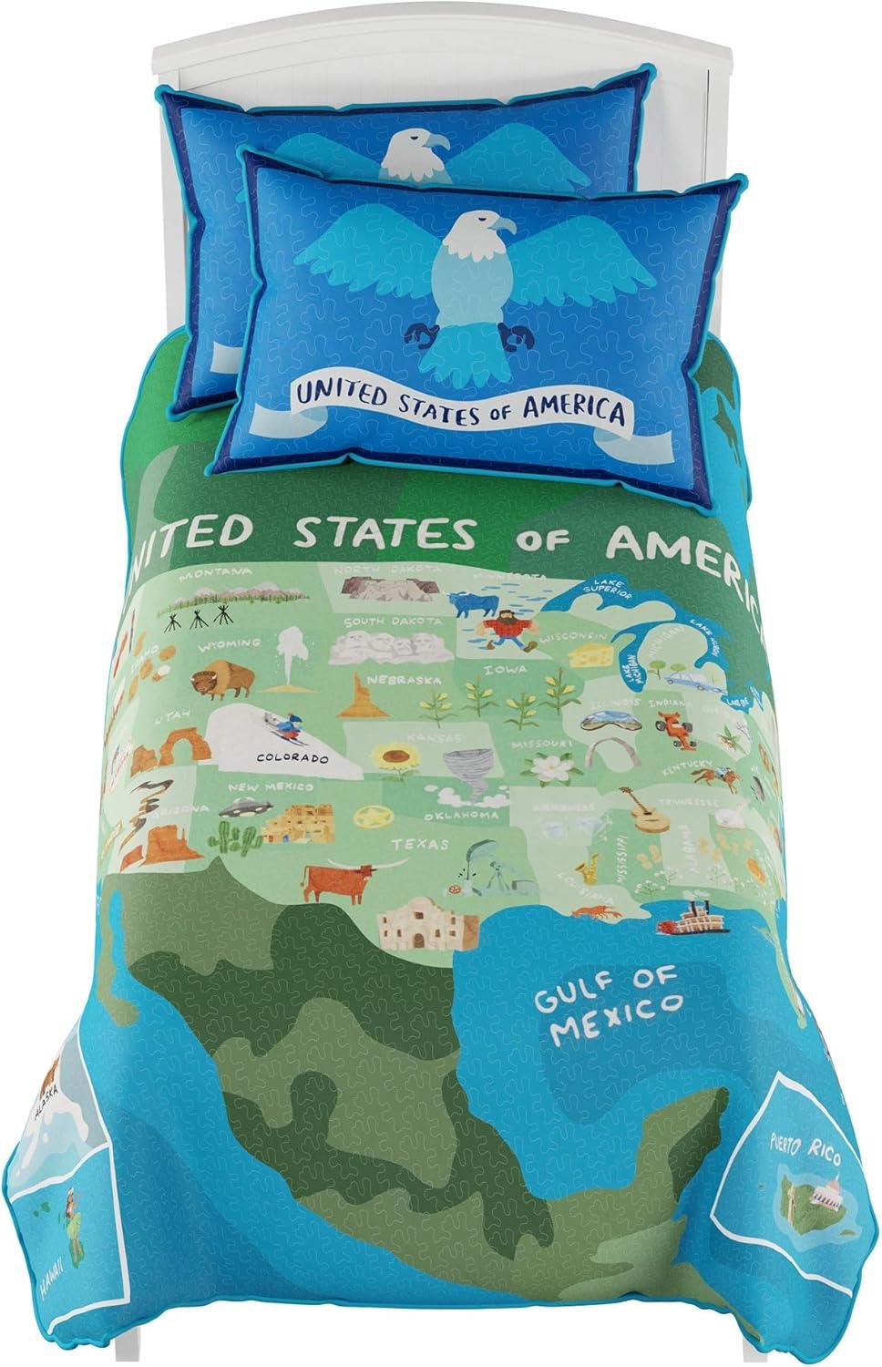 imageUnited States 3 Piece Quilt Set Twin XL Bedding amp 2 Pillow ShamsHypoallergenic MicrofiberLandmarks amp Icons of the 50 States amp American Eagle by LHC