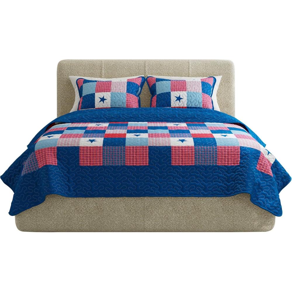 image3Piece Caroline Patriotic Quilt Set Americana Stars and Plaid Patchwork Bedding FullQueen Bed Spread with 2 Pillow Shams by Lavish HomeTwin