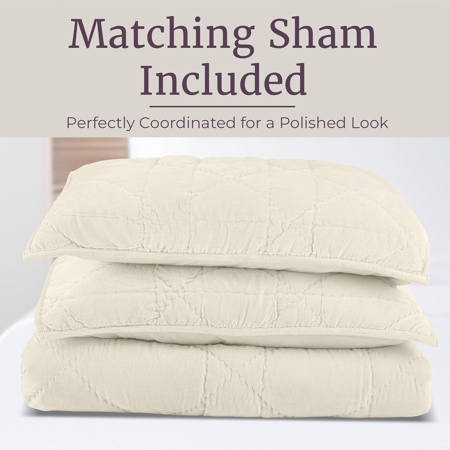 image3PC Velvet Queen Quilt Bedding Set 96x92 Inch Queen Bedspread and Matching Pillow Shams Medium Weight Bed Set for All Seasons Ultra Soft Luxury Cotton Velvet Bedding by Lavish Home NavyCream