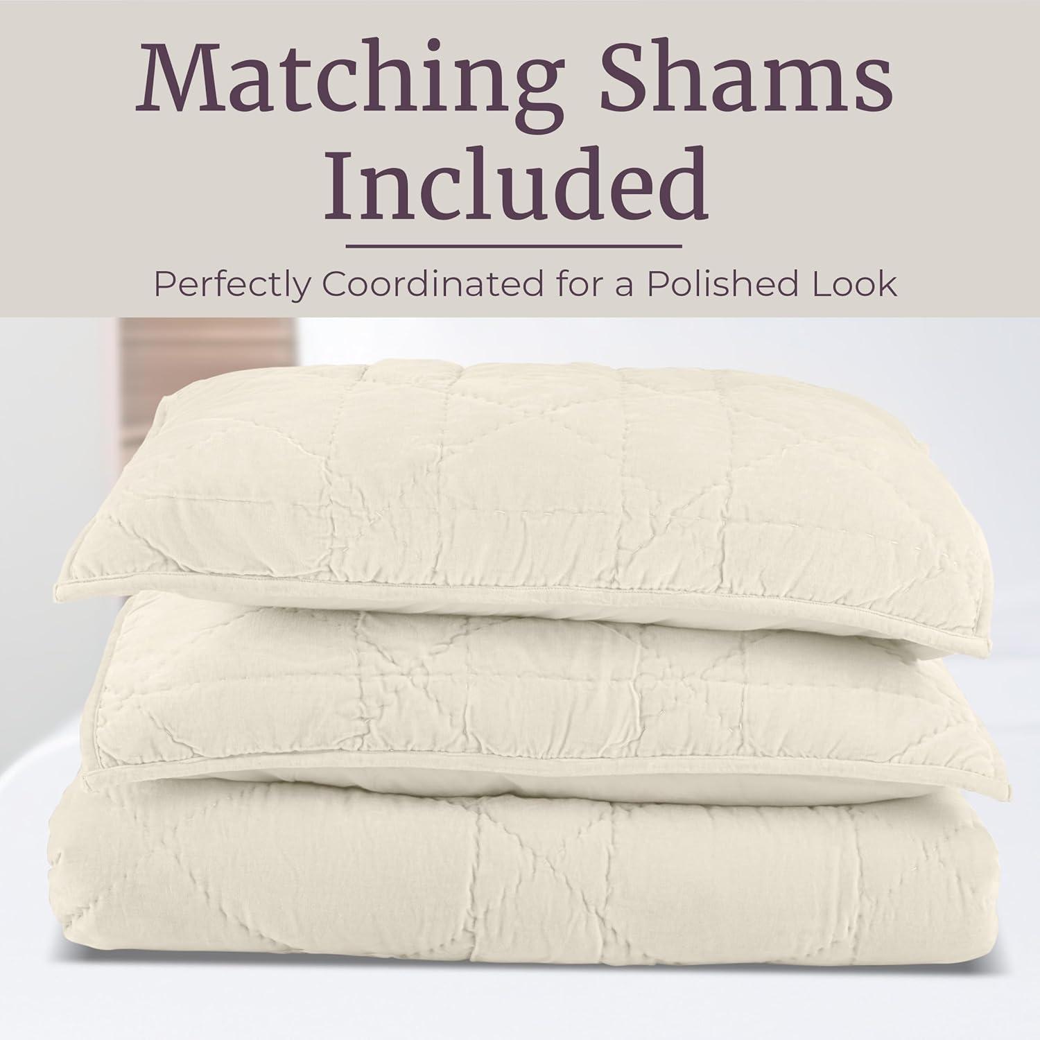 image3PC Velvet Queen Quilt Bedding Set 96x92 Inch Queen Bedspread and Matching Pillow Shams Medium Weight Bed Set for All Seasons Ultra Soft Luxury Cotton Velvet Bedding by Lavish Home NavyCream