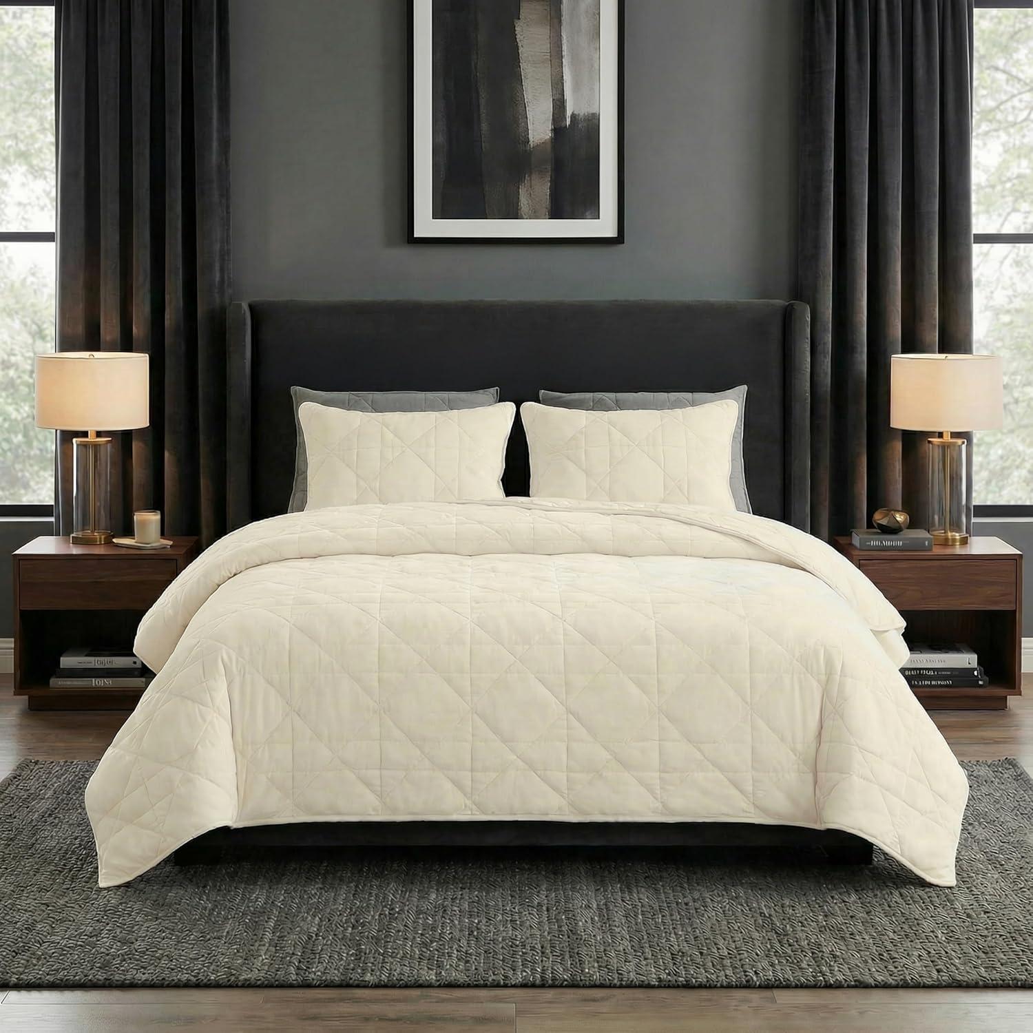 image3PC Velvet Queen Quilt Bedding Set 96x92 Inch Queen Bedspread and Matching Pillow Shams Medium Weight Bed Set for All Seasons Ultra Soft Luxury Cotton Velvet Bedding by Lavish Home NavyCream