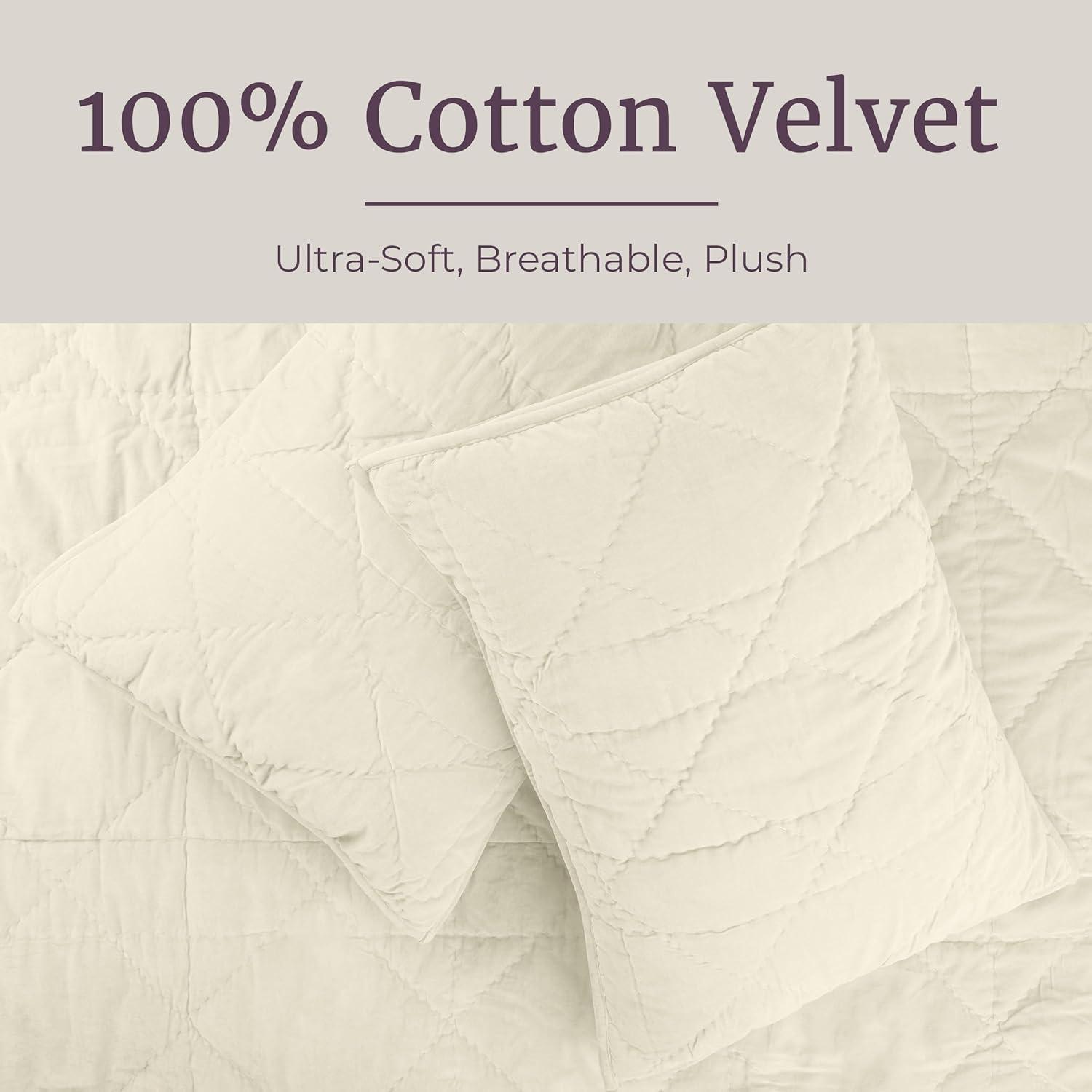 image3PC Velvet Queen Quilt Bedding Set 96x92 Inch Queen Bedspread and Matching Pillow Shams Medium Weight Bed Set for All Seasons Ultra Soft Luxury Cotton Velvet Bedding by Lavish Home NavyCream