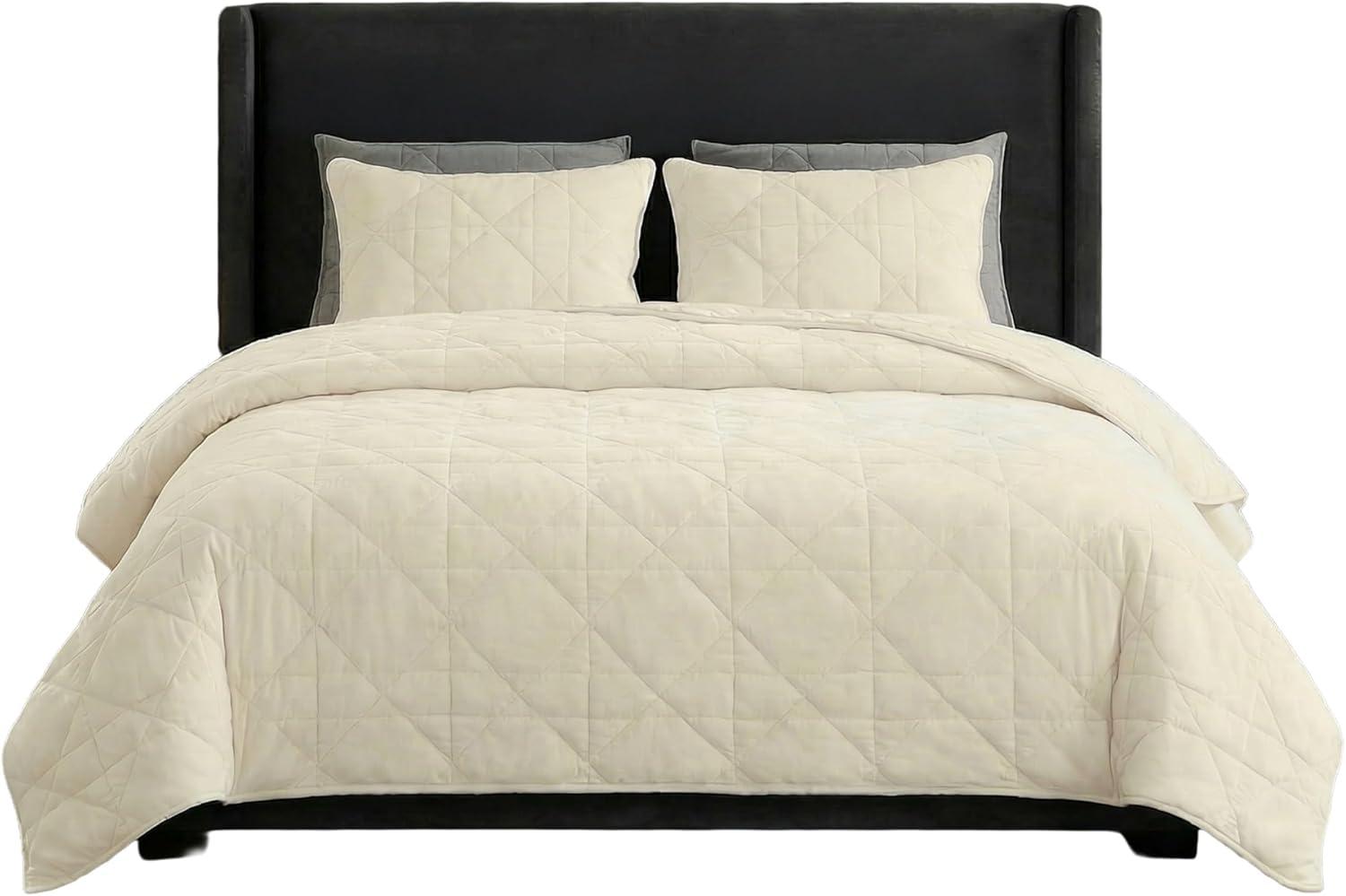 image3PC Velvet Queen Quilt Bedding Set 96x92 Inch Queen Bedspread and Matching Pillow Shams Medium Weight Bed Set for All Seasons Ultra Soft Luxury Cotton Velvet Bedding by Lavish Home NavyCream