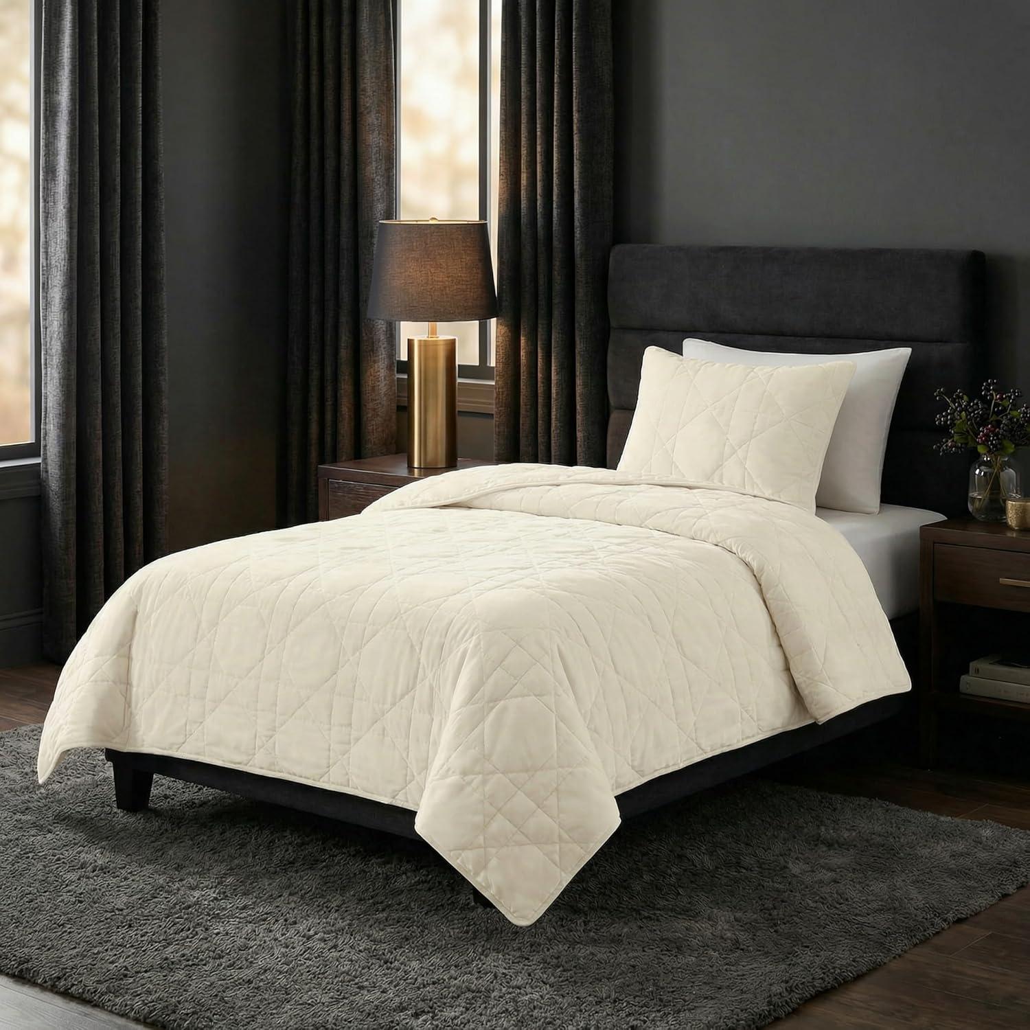 image3PC Velvet Queen Quilt Bedding Set 96x92 Inch Queen Bedspread and Matching Pillow Shams Medium Weight Bed Set for All Seasons Ultra Soft Luxury Cotton Velvet Bedding by Lavish Home NavyCream
