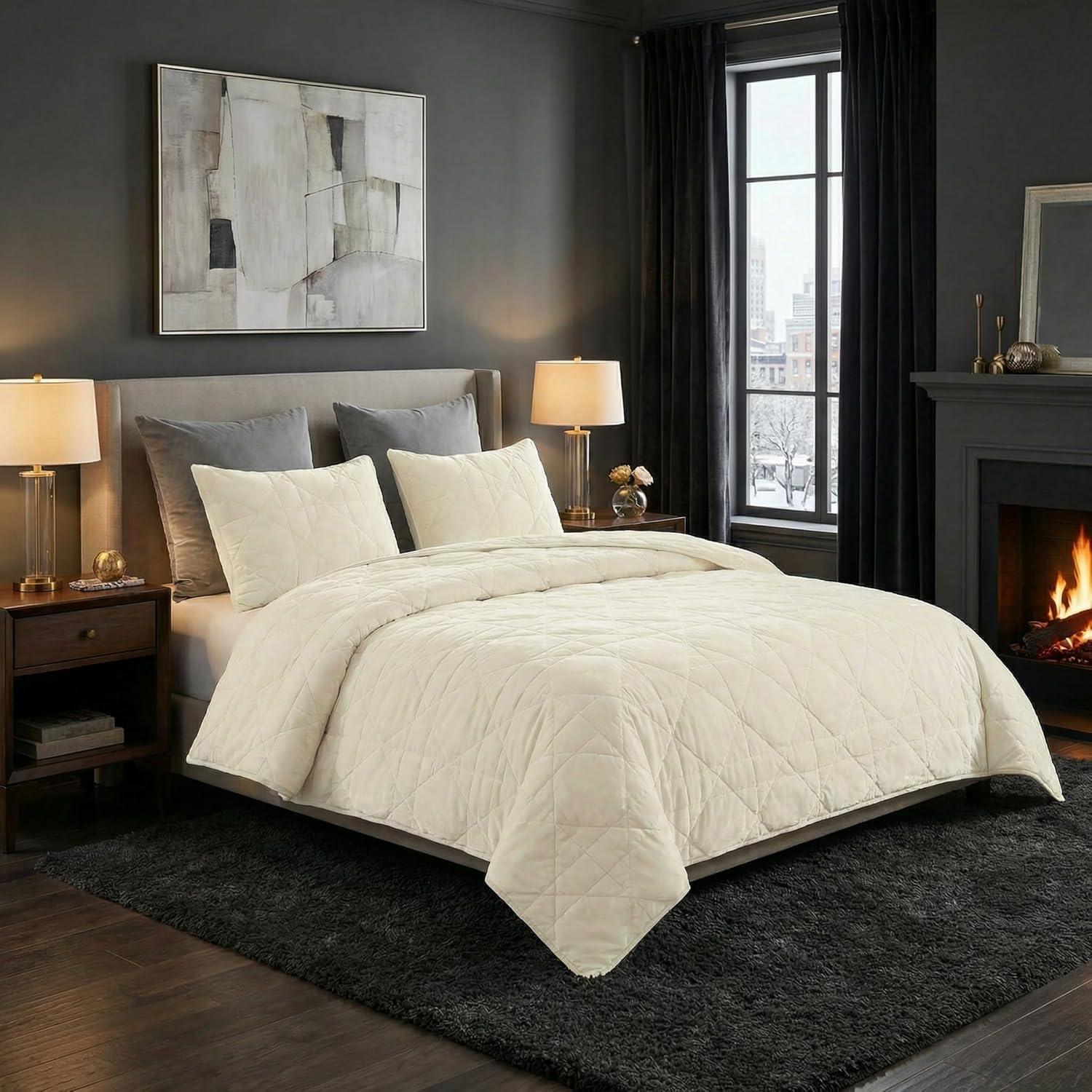 image3PC Velvet Queen Quilt Bedding Set 96x92 Inch Queen Bedspread and Matching Pillow Shams Medium Weight Bed Set for All Seasons Ultra Soft Luxury Cotton Velvet Bedding by Lavish Home NavyCream