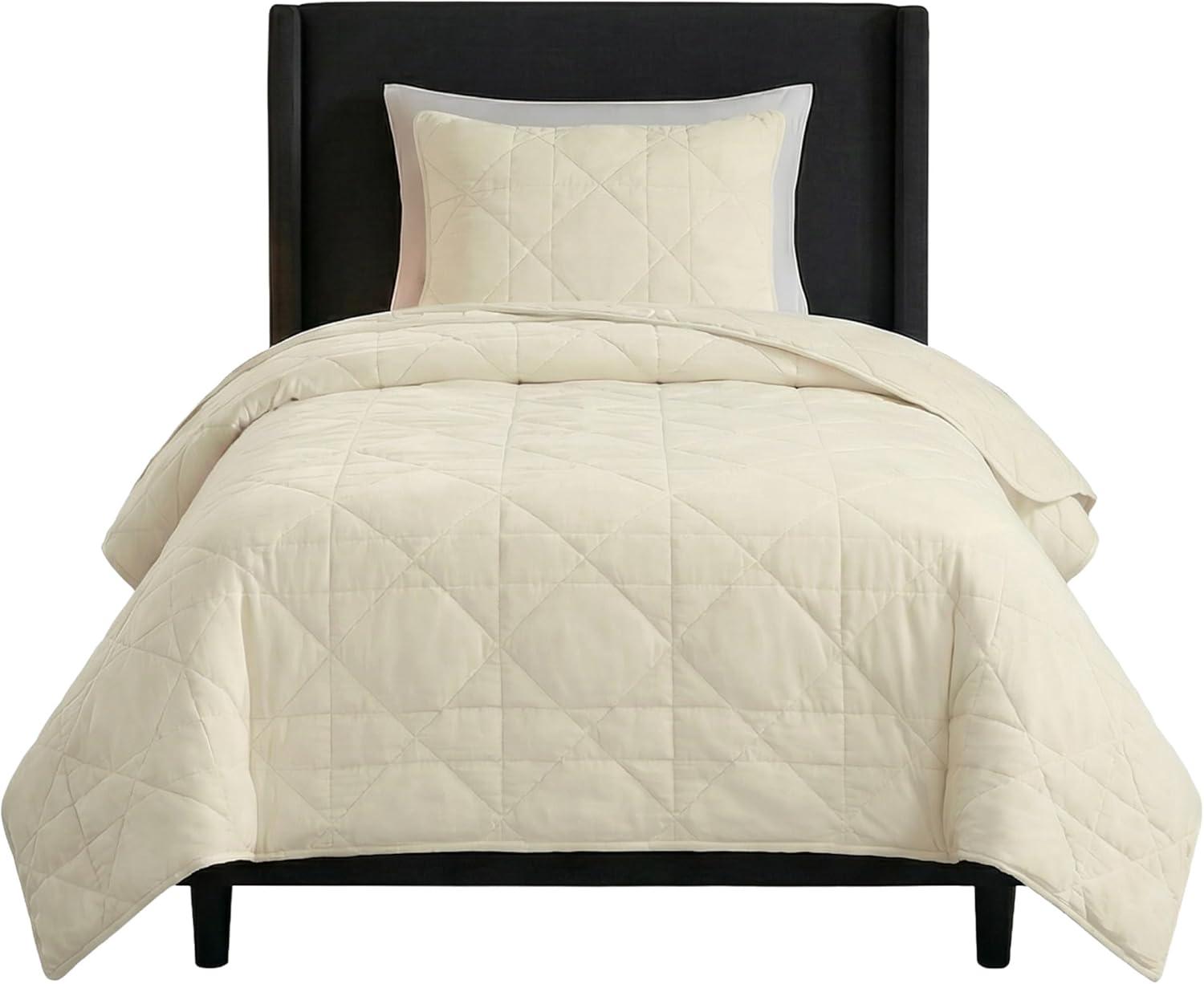 image3PC Velvet Queen Quilt Bedding Set 96x92 Inch Queen Bedspread and Matching Pillow Shams Medium Weight Bed Set for All Seasons Ultra Soft Luxury Cotton Velvet Bedding by Lavish Home NavyCream