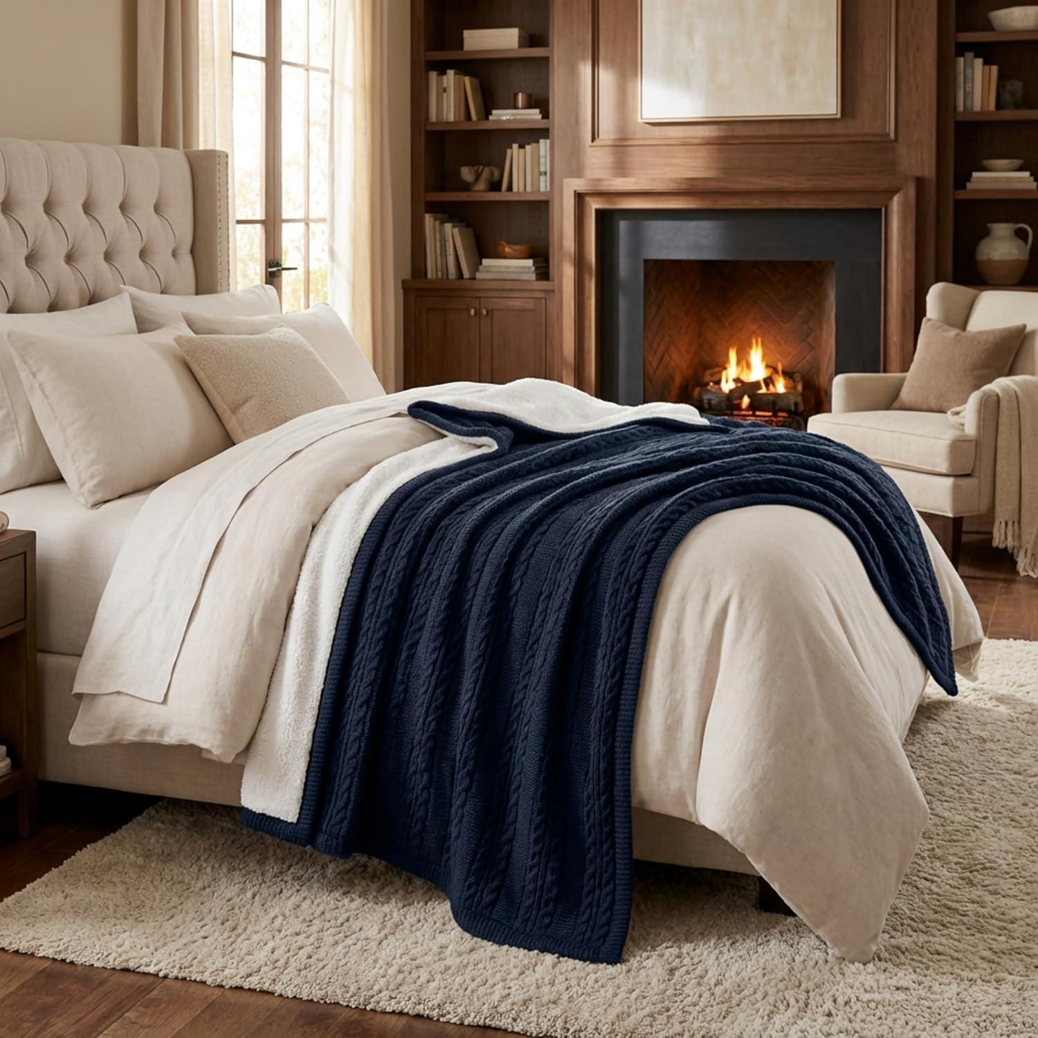 imageCable Knit Throw Blanket for Couch Sofa or Bed 50x60Inch Soft and Cozy Blanket Throws with Cable Knit Pattern and Warm Sherpa for Living Room Bedroom and Home Decor by Lavish Home IvoryNavy Blue