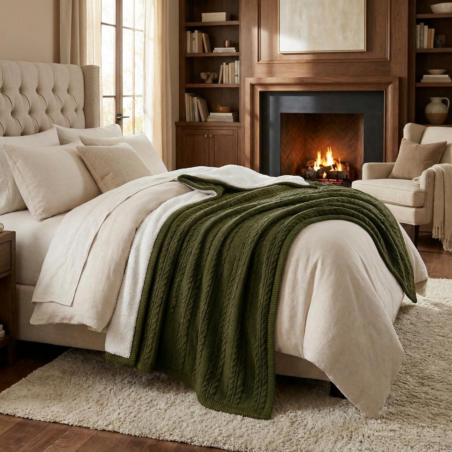 imageCable Knit Throw Blanket for Couch Sofa or Bed 50x60Inch Soft and Cozy Blanket Throws with Cable Knit Pattern and Warm Sherpa for Living Room Bedroom and Home Decor by Lavish Home IvoryGreen
