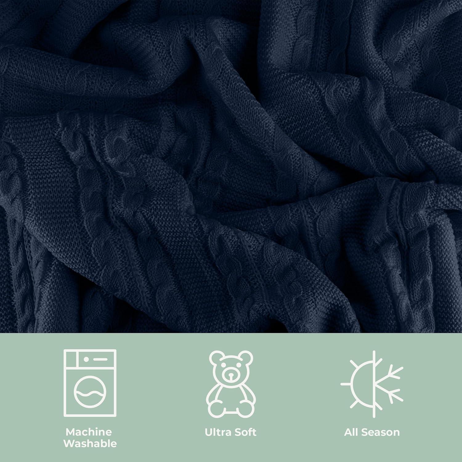imageCable Knit Throw Blanket for Couch Sofa or Bed 50x60Inch Soft and Cozy Blanket Throws with Cable Knit Pattern and Warm Sherpa for Living Room Bedroom and Home Decor by Lavish Home IvoryNavy Blue