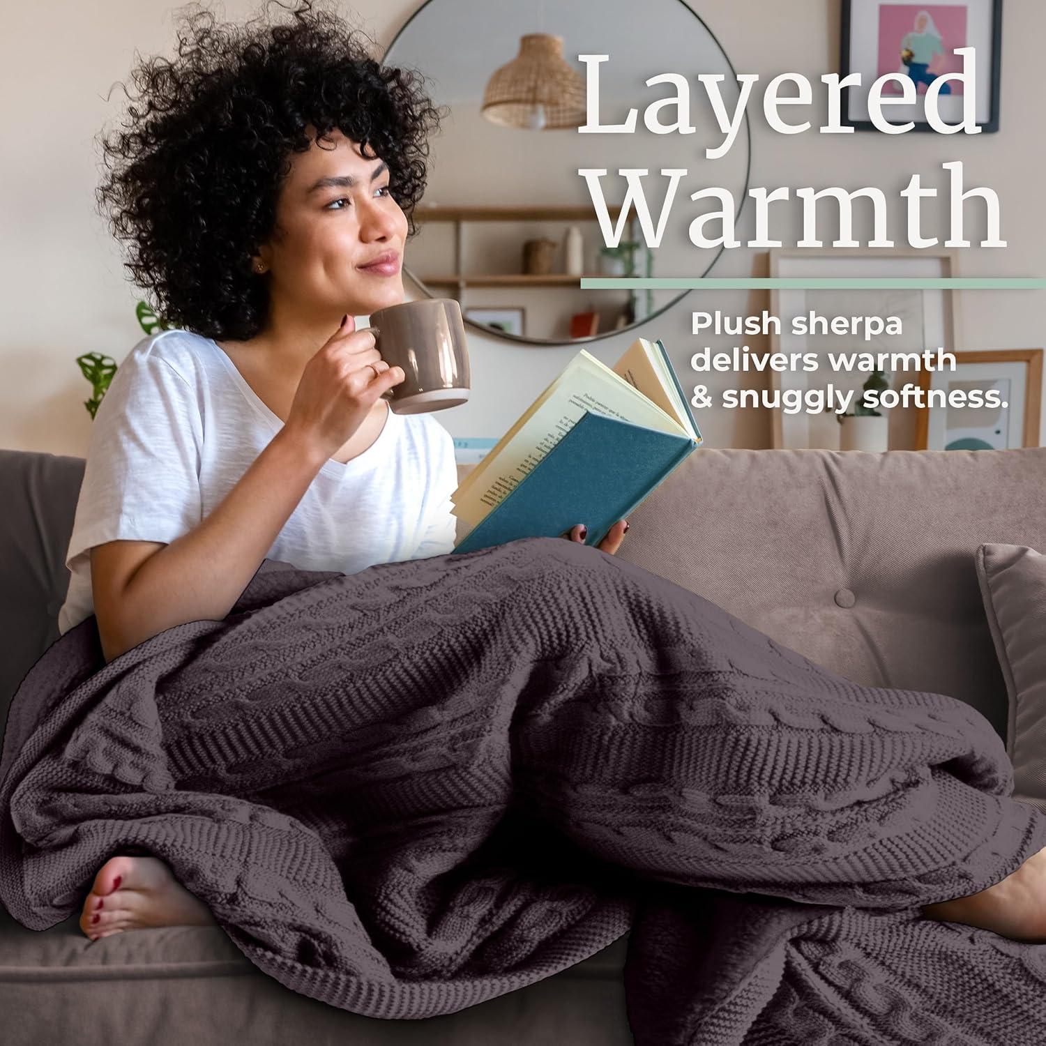 imageCable Knit Throw Blanket for Couch Sofa or Bed 50x60Inch Soft and Cozy Blanket Throws with Cable Knit Pattern and Warm Sherpa for Living Room Bedroom and Home Decor by Lavish Home IvoryCharcoal Gray