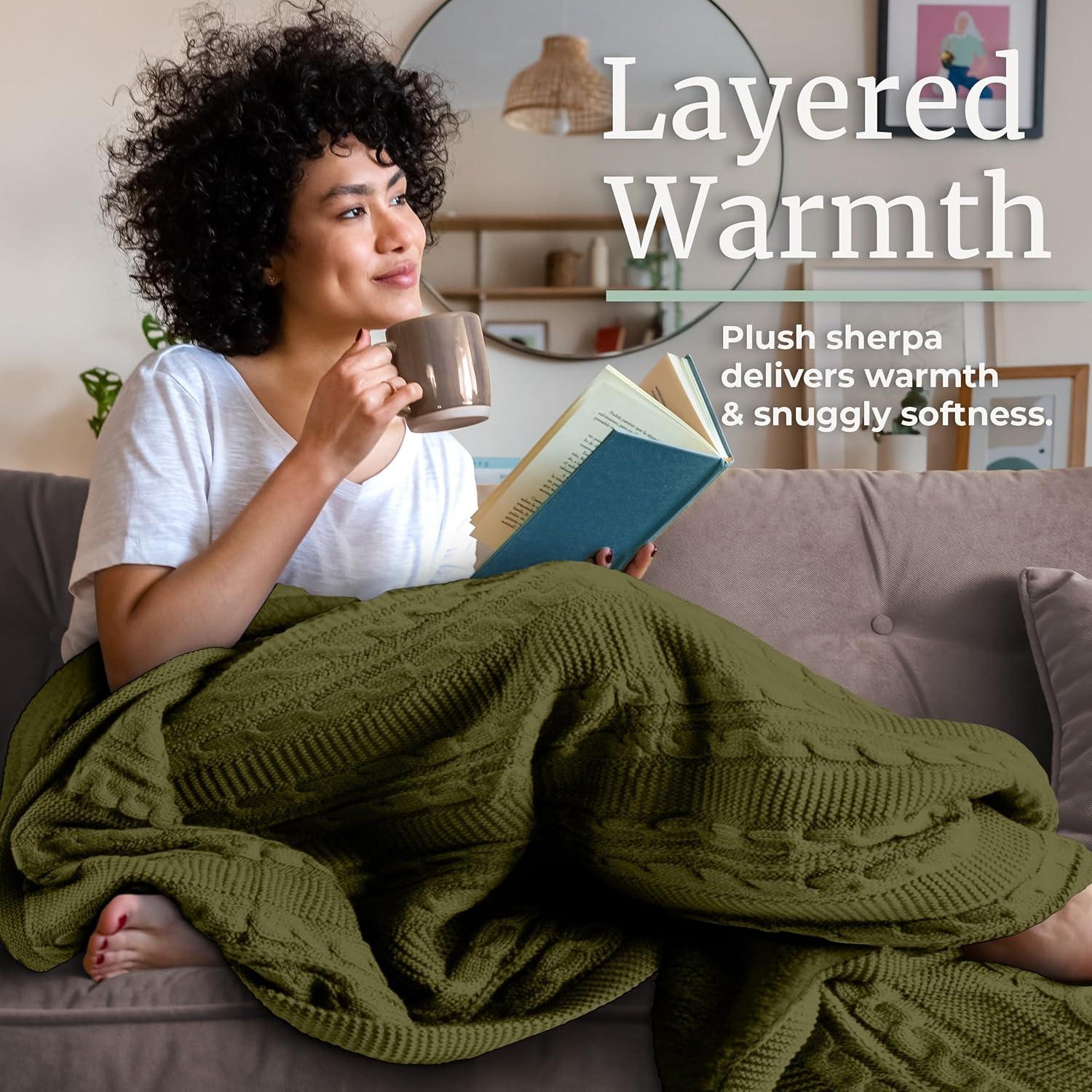 imageCable Knit Throw Blanket for Couch Sofa or Bed 50x60Inch Soft and Cozy Blanket Throws with Cable Knit Pattern and Warm Sherpa for Living Room Bedroom and Home Decor by Lavish Home IvoryGreen