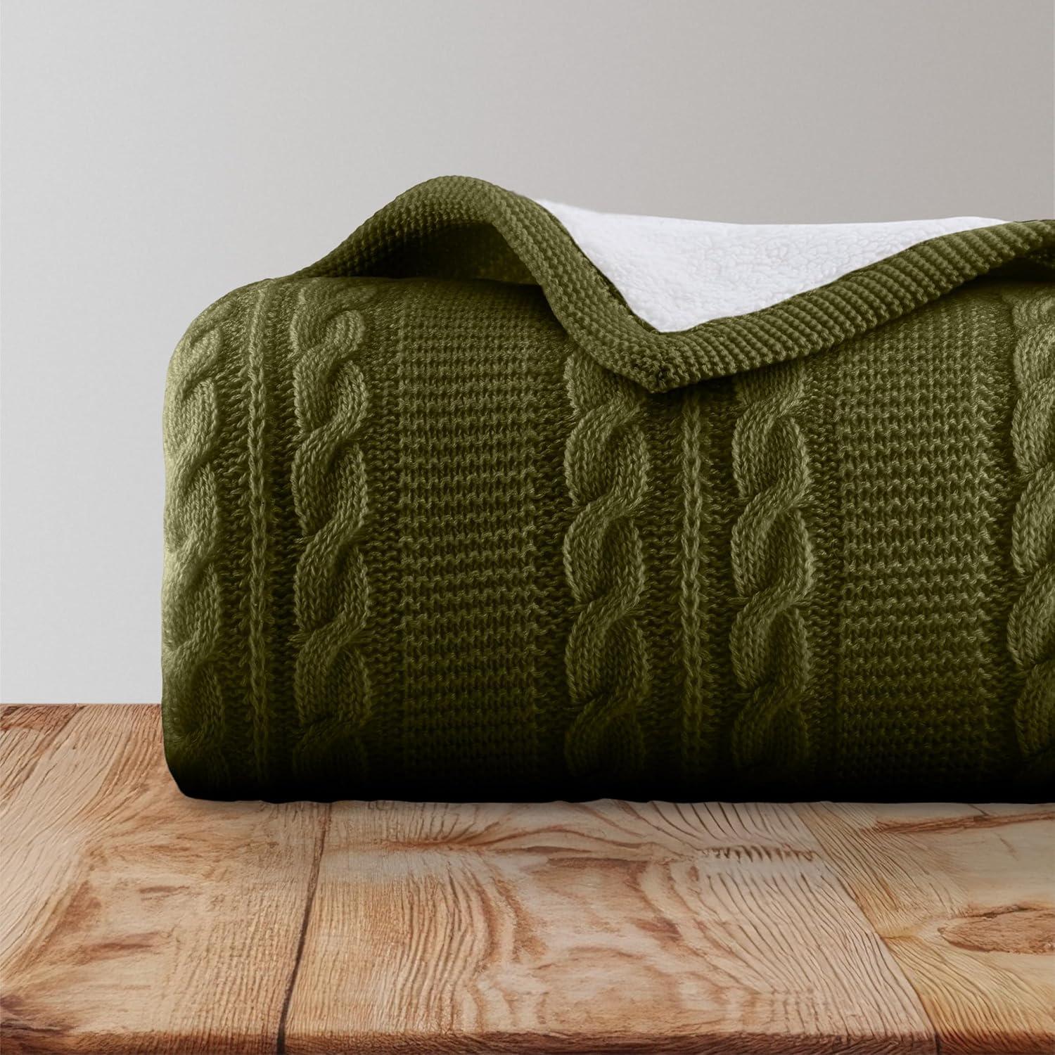 imageCable Knit Throw Blanket for Couch Sofa or Bed 50x60Inch Soft and Cozy Blanket Throws with Cable Knit Pattern and Warm Sherpa for Living Room Bedroom and Home Decor by Lavish Home IvoryGreen