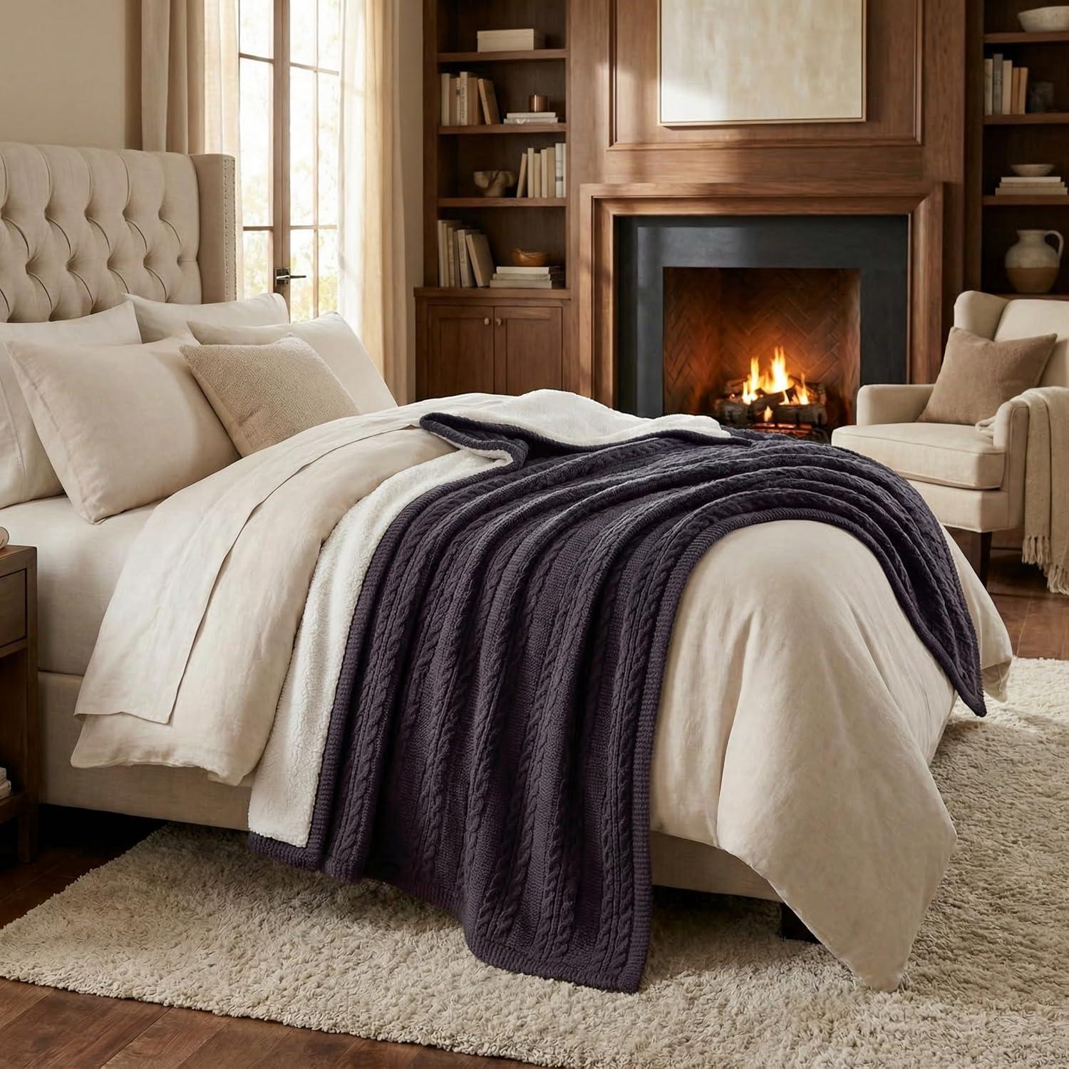 imageCable Knit Throw Blanket for Couch Sofa or Bed 50x60Inch Soft and Cozy Blanket Throws with Cable Knit Pattern and Warm Sherpa for Living Room Bedroom and Home Decor by Lavish Home IvoryCharcoal Gray