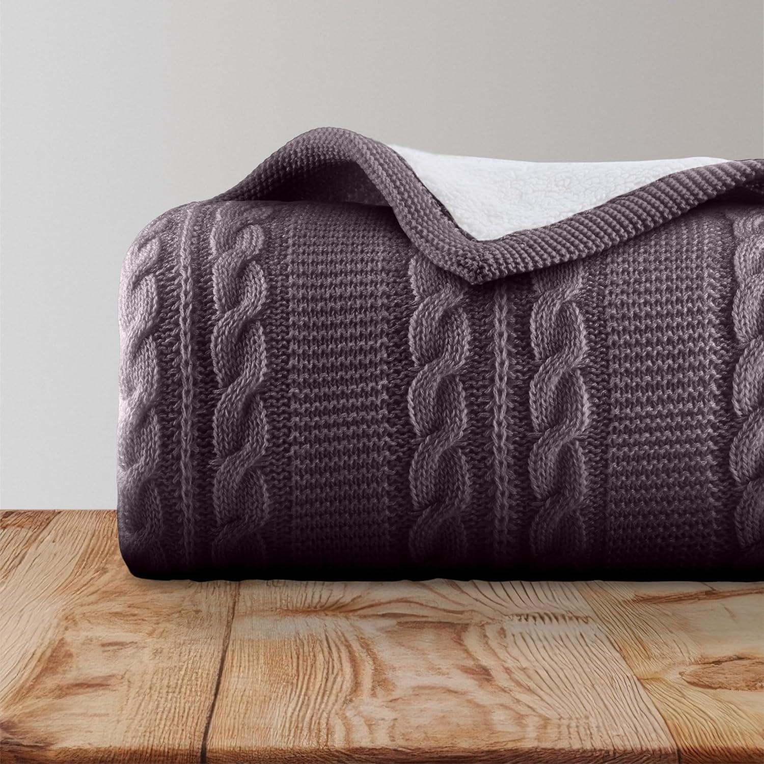 imageCable Knit Throw Blanket for Couch Sofa or Bed 50x60Inch Soft and Cozy Blanket Throws with Cable Knit Pattern and Warm Sherpa for Living Room Bedroom and Home Decor by Lavish Home IvoryCharcoal Gray