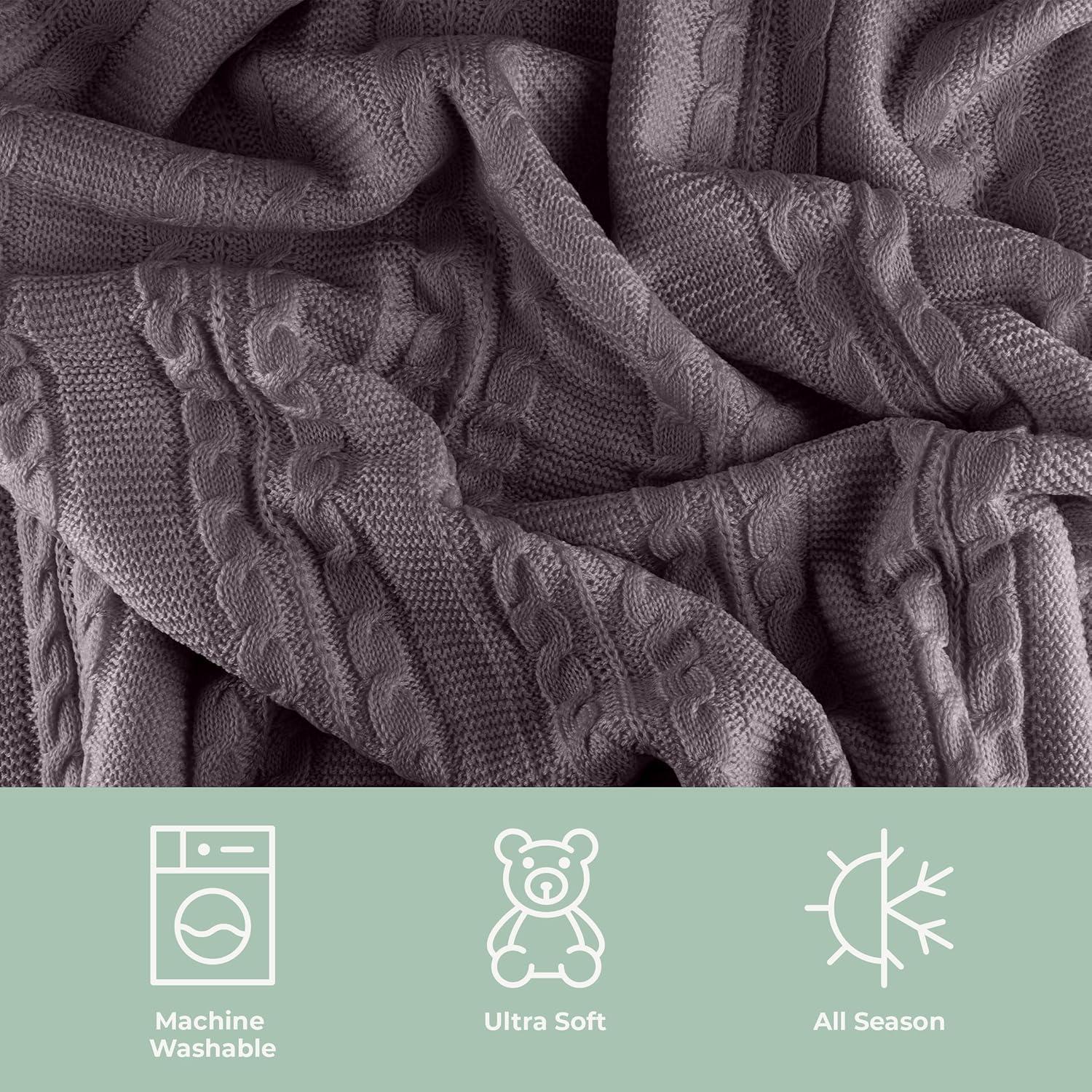 imageCable Knit Throw Blanket for Couch Sofa or Bed 50x60Inch Soft and Cozy Blanket Throws with Cable Knit Pattern and Warm Sherpa for Living Room Bedroom and Home Decor by Lavish Home IvoryCharcoal Gray