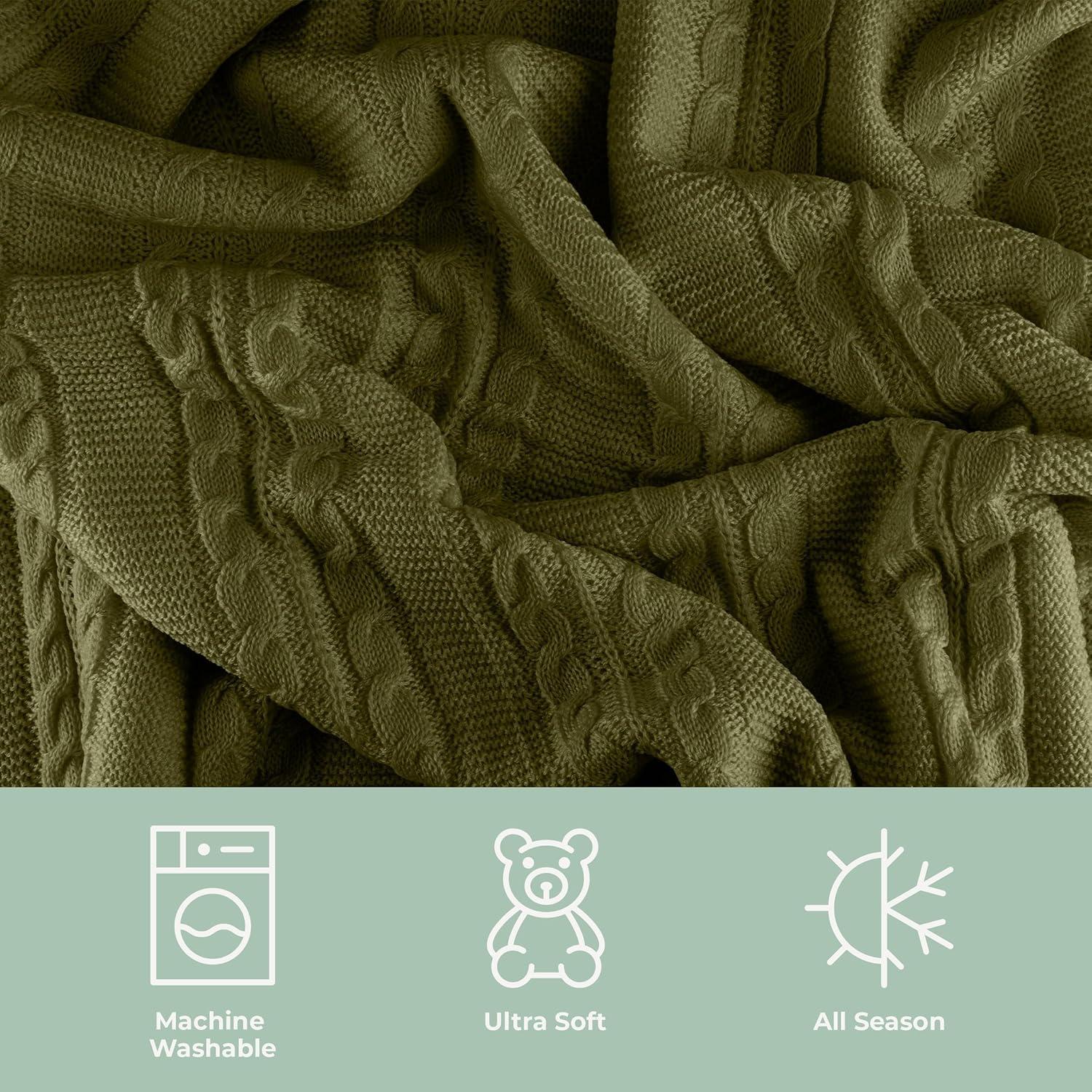 imageCable Knit Throw Blanket for Couch Sofa or Bed 50x60Inch Soft and Cozy Blanket Throws with Cable Knit Pattern and Warm Sherpa for Living Room Bedroom and Home Decor by Lavish Home IvoryGreen