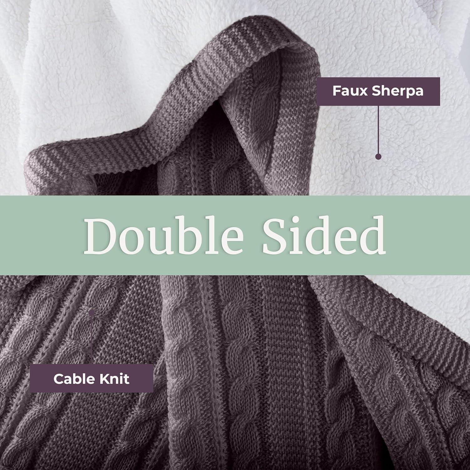 imageCable Knit Throw Blanket for Couch Sofa or Bed 50x60Inch Soft and Cozy Blanket Throws with Cable Knit Pattern and Warm Sherpa for Living Room Bedroom and Home Decor by Lavish Home IvoryCharcoal Gray