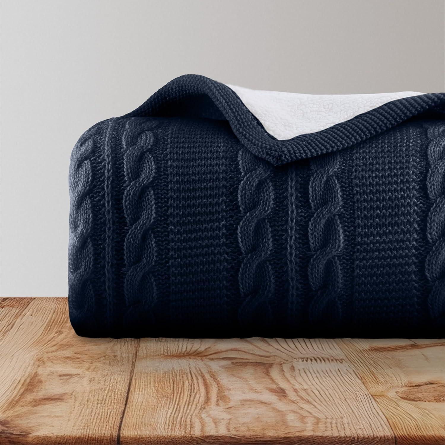 imageCable Knit Throw Blanket for Couch Sofa or Bed 50x60Inch Soft and Cozy Blanket Throws with Cable Knit Pattern and Warm Sherpa for Living Room Bedroom and Home Decor by Lavish Home IvoryNavy Blue