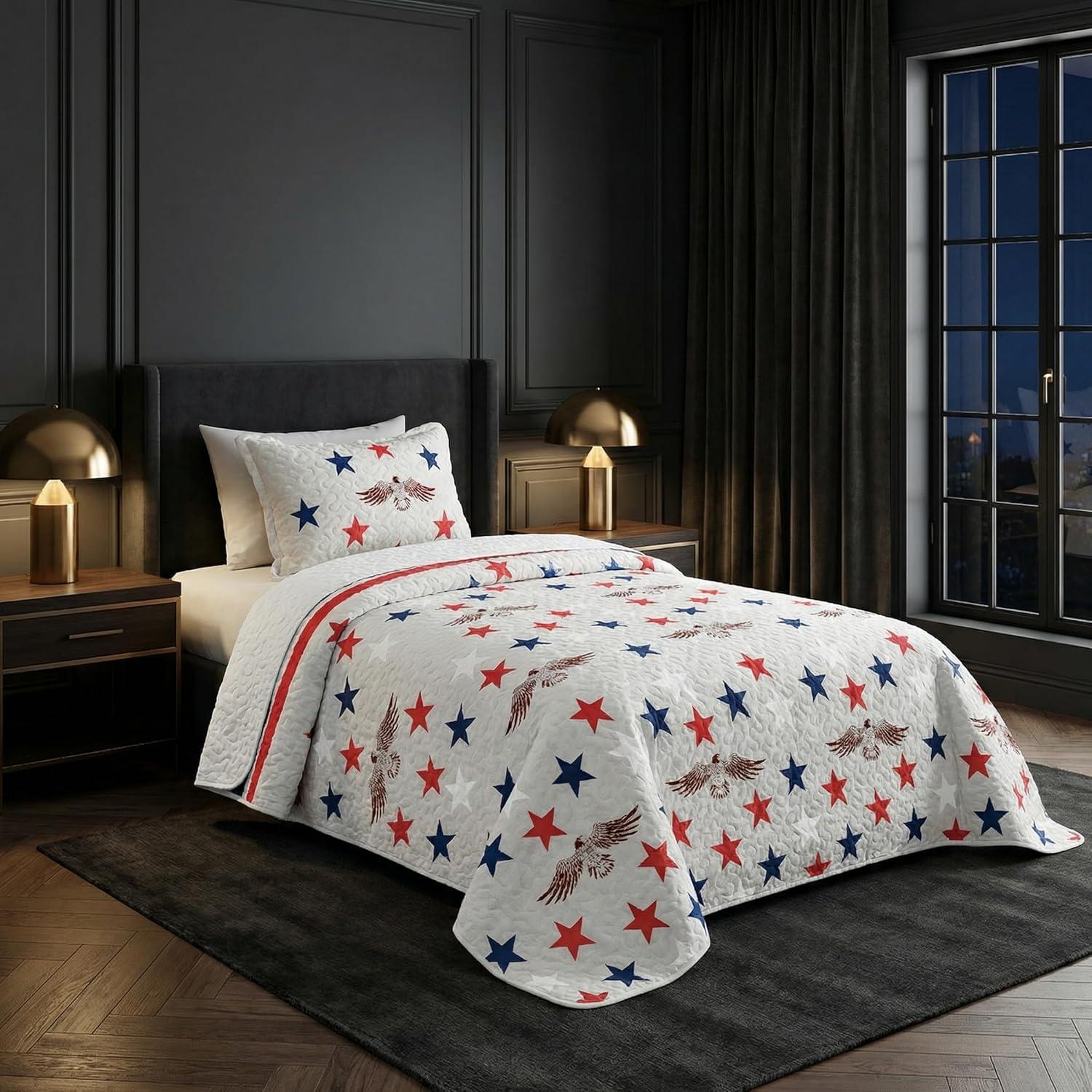 imageLavish Home 3Piece King Quilt Bedding Set Bedspread and 2 King Pillow Shams with Patriotic Star Pattern Lightweight Bed Set for All Seasons Soft Microfiber Coverlet StarsStripesGray Red and Blue