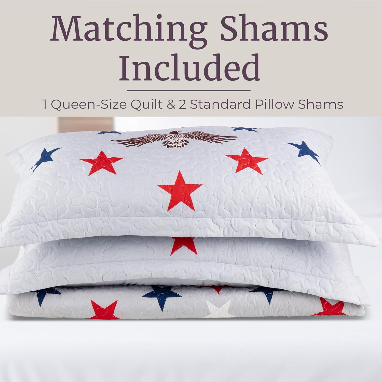 imageLavish Home 3Piece King Quilt Bedding Set Bedspread and 2 King Pillow Shams with Patriotic Star Pattern Lightweight Bed Set for All Seasons Soft Microfiber Coverlet StarsStripesGray Red and Blue