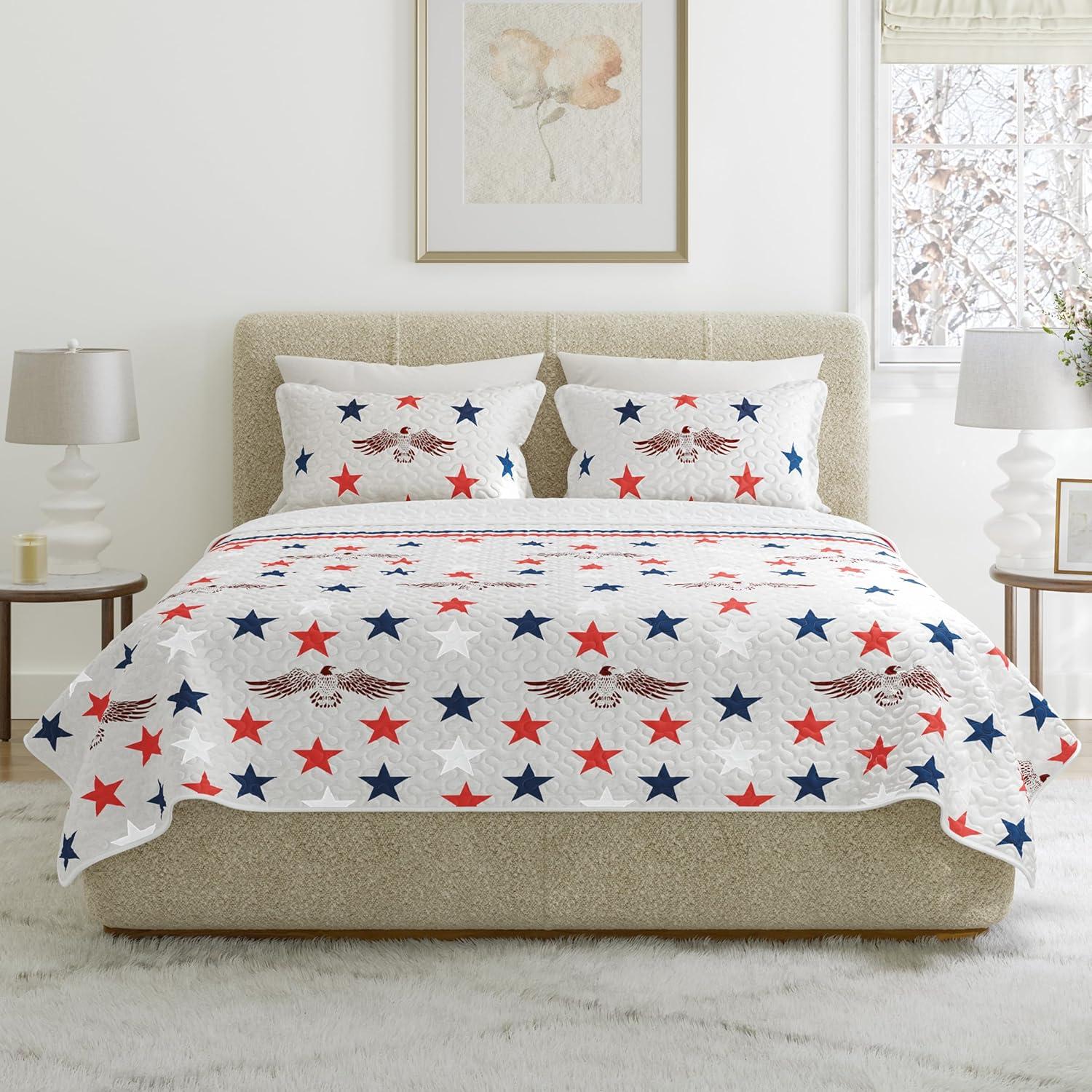 imageLavish Home 3Piece King Quilt Bedding Set Bedspread and 2 King Pillow Shams with Patriotic Star Pattern Lightweight Bed Set for All Seasons Soft Microfiber Coverlet StarsStripesGray Red and Blue
