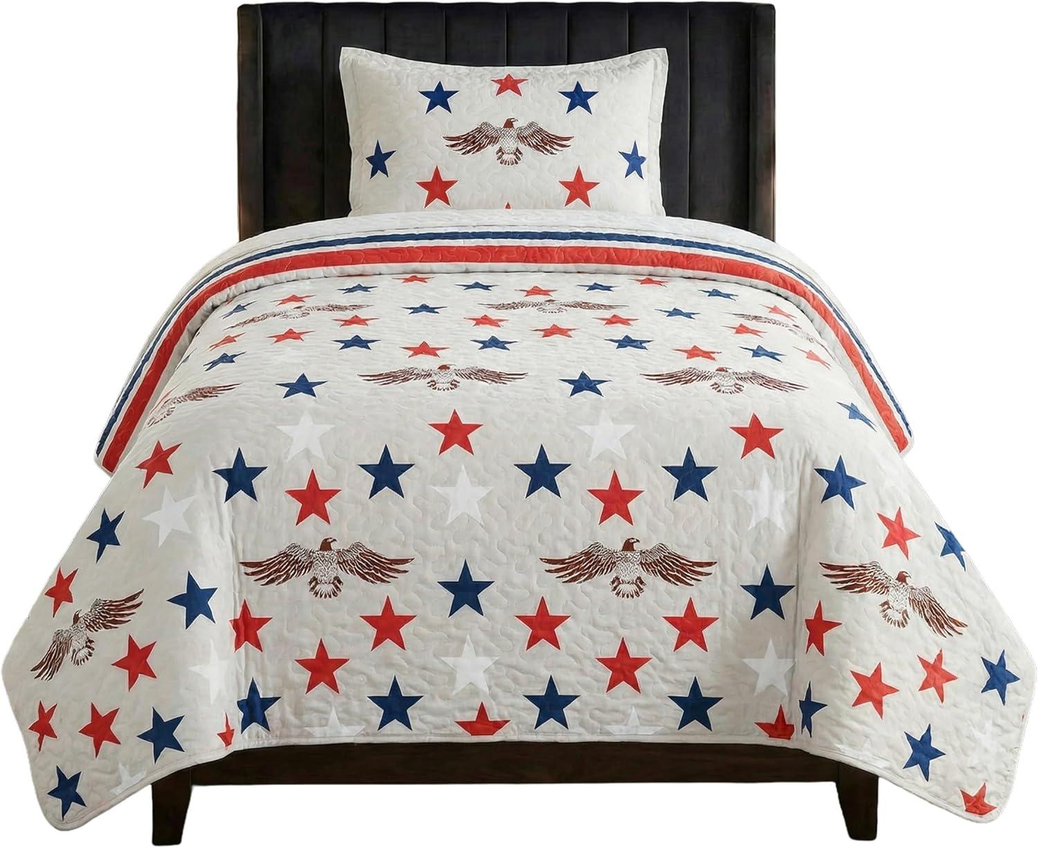 imageLavish Home 3Piece King Quilt Bedding Set Bedspread and 2 King Pillow Shams with Patriotic Star Pattern Lightweight Bed Set for All Seasons Soft Microfiber Coverlet StarsStripesGray Red and Blue