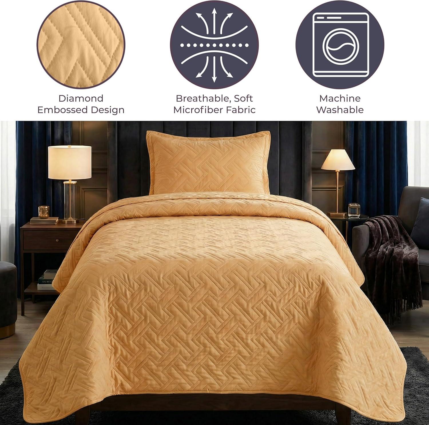 imageLavish Home 3Piece King Quilt Bedding Set Bedspread and 2 King Pillow Shams with Patriotic Star Pattern Lightweight Bed Set for All Seasons Soft Microfiber Coverlet StarsStripesMustard Yellow