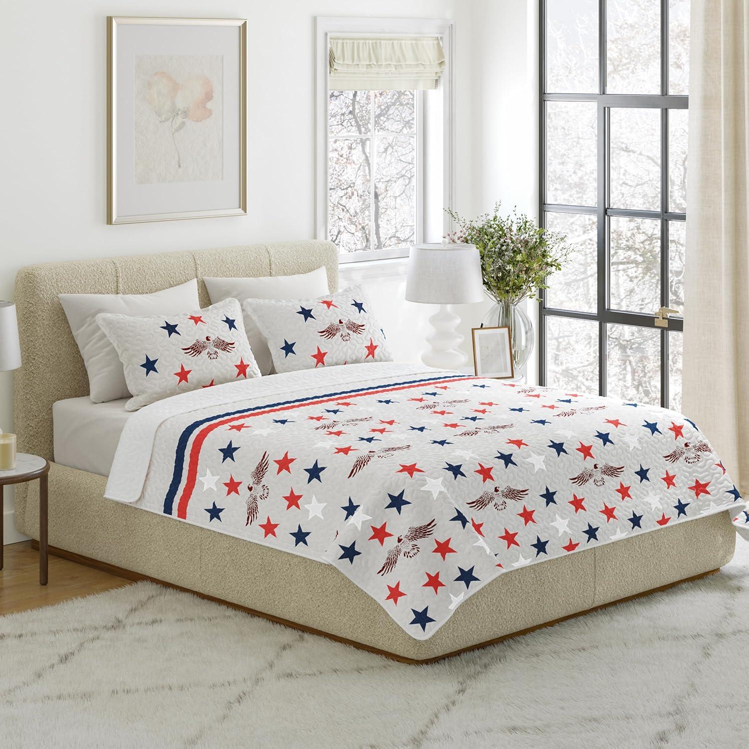 imageLavish Home 3Piece King Quilt Bedding Set Bedspread and 2 King Pillow Shams with Patriotic Star Pattern Lightweight Bed Set for All Seasons Soft Microfiber Coverlet StarsStripesGray Red and Blue