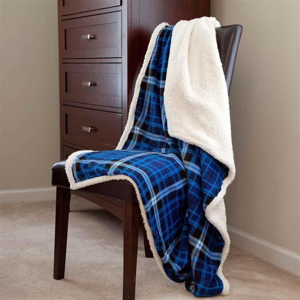 imageLavish Home Blue Reversible Plaid Fleece 50 x 60Inch MachineWashable Sherpa Throw Cozy Blanket for Couch Chair or Bed 50 x 60