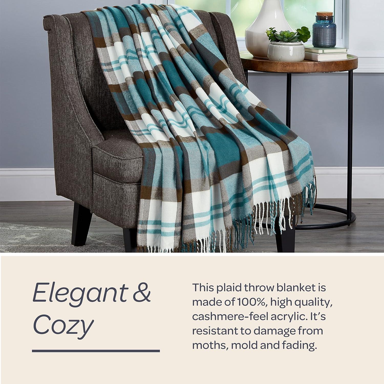 imageLavish Home Collection Faux Cashmere Acrylic Oversized Throw Blanket Luxuriously Fluffy Soft CashmereLike Woven Acrylic Breathable with Stylish Vintage Design Spice PlaidTeal and Brown