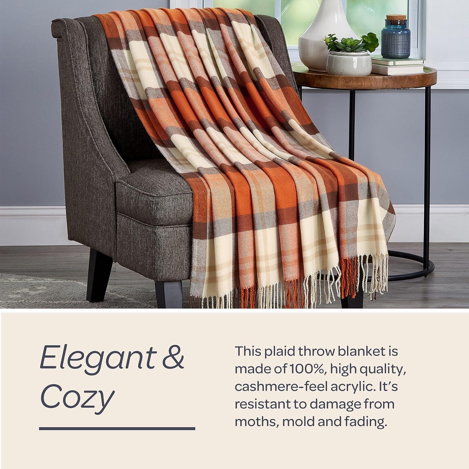 imageLavish Home Collection Faux Cashmere Acrylic Oversized Throw Blanket Luxuriously Fluffy Soft CashmereLike Woven Acrylic Breathable with Stylish Vintage Design Spice PlaidOrange