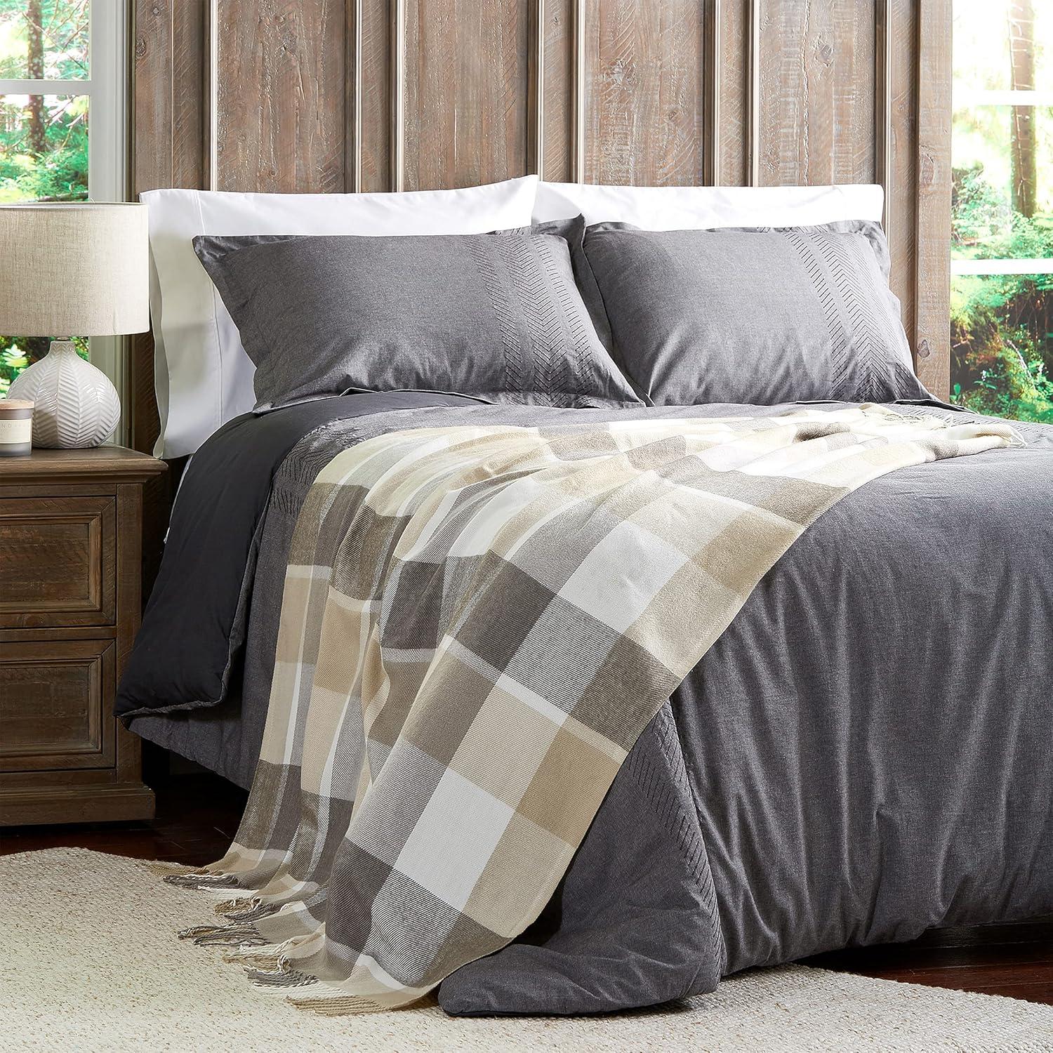 imageLavish Home Collection Faux Cashmere Acrylic Oversized Throw Blanket Luxuriously Fluffy Soft CashmereLike Woven Acrylic Breathable with Stylish Vintage Design Spice PlaidGray and Tan