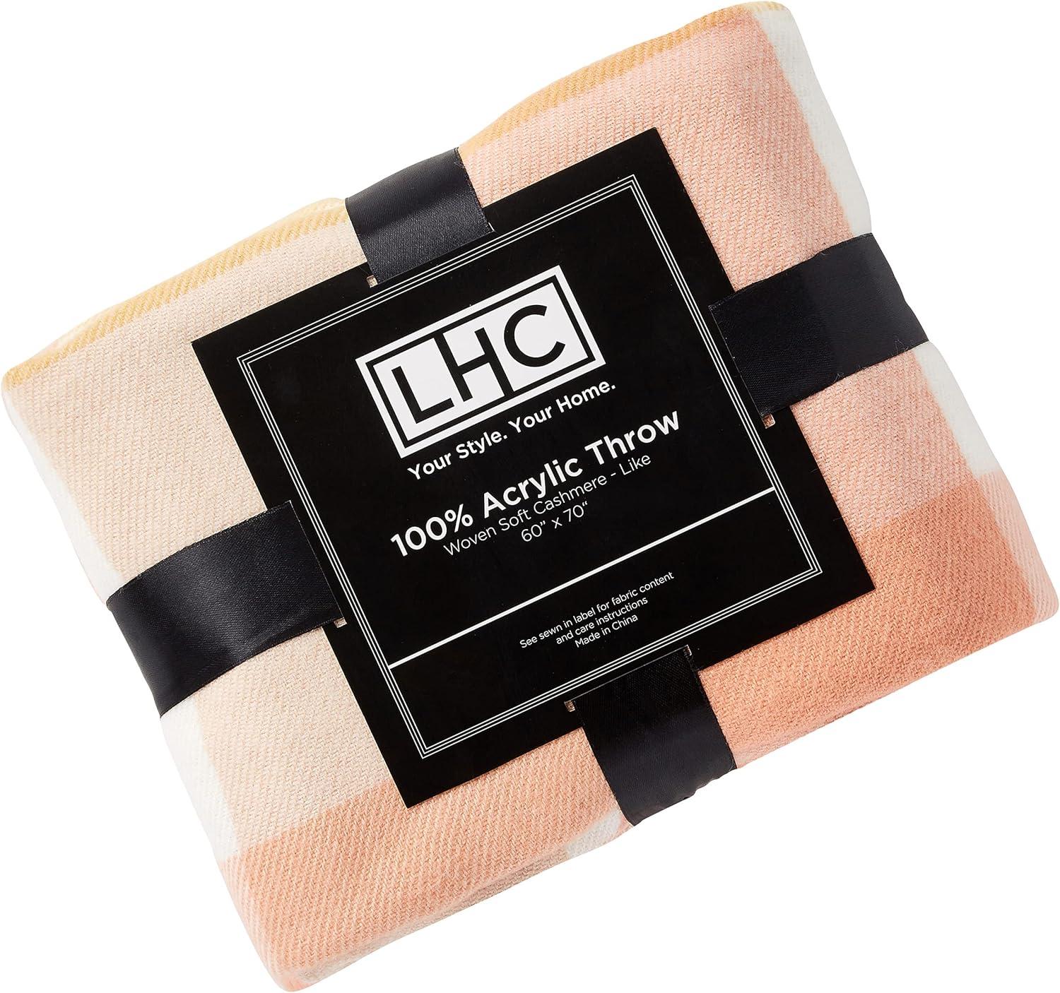 imageLavish Home Collection Faux Cashmere Acrylic Oversized Throw Blanket Luxuriously Fluffy Soft CashmereLike Woven Acrylic Breathable with Stylish Vintage Design Spice PlaidPink and Tan