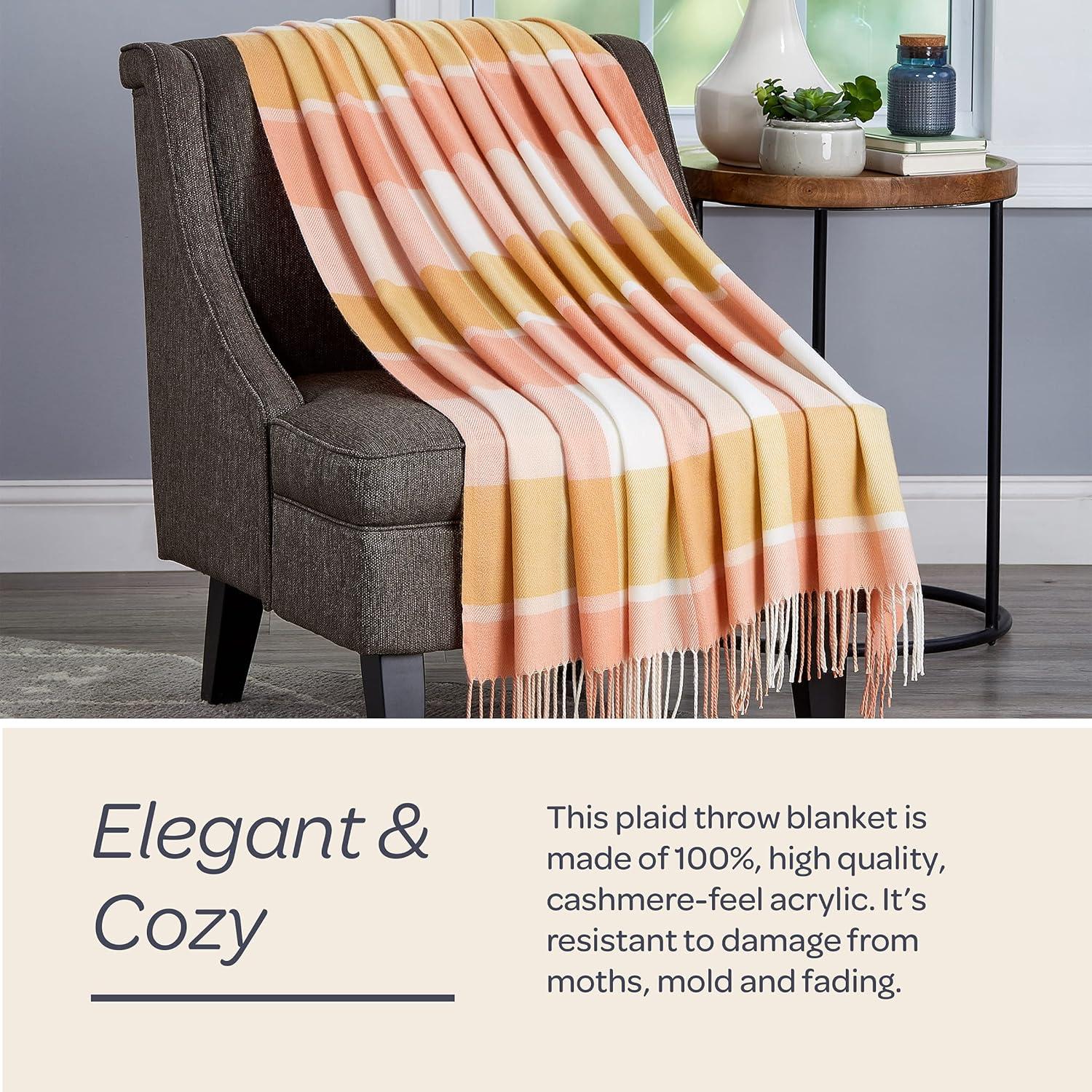 imageLavish Home Collection Faux Cashmere Acrylic Oversized Throw Blanket Luxuriously Fluffy Soft CashmereLike Woven Acrylic Breathable with Stylish Vintage Design Spice PlaidPink and Tan