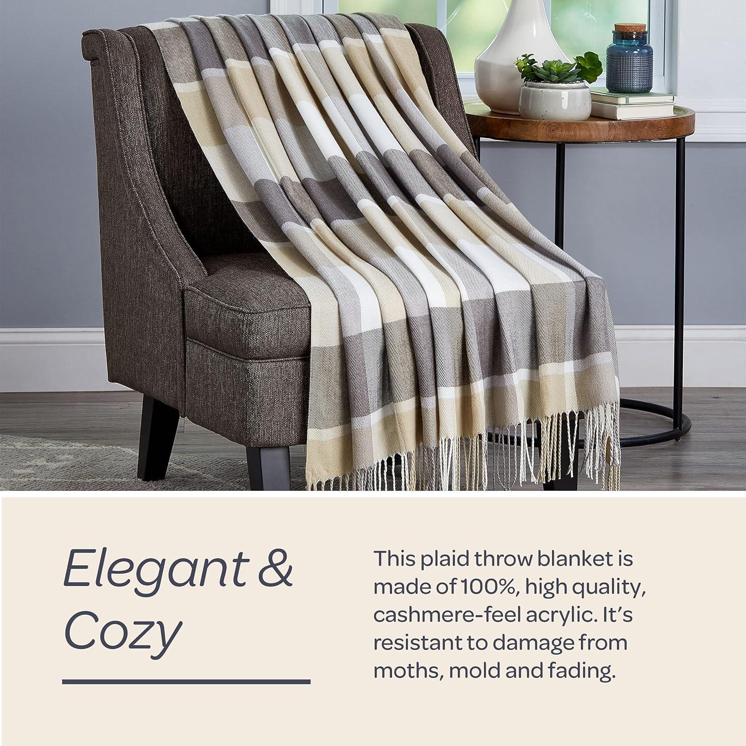imageLavish Home Collection Faux Cashmere Acrylic Oversized Throw Blanket Luxuriously Fluffy Soft CashmereLike Woven Acrylic Breathable with Stylish Vintage Design Spice PlaidGray and Tan