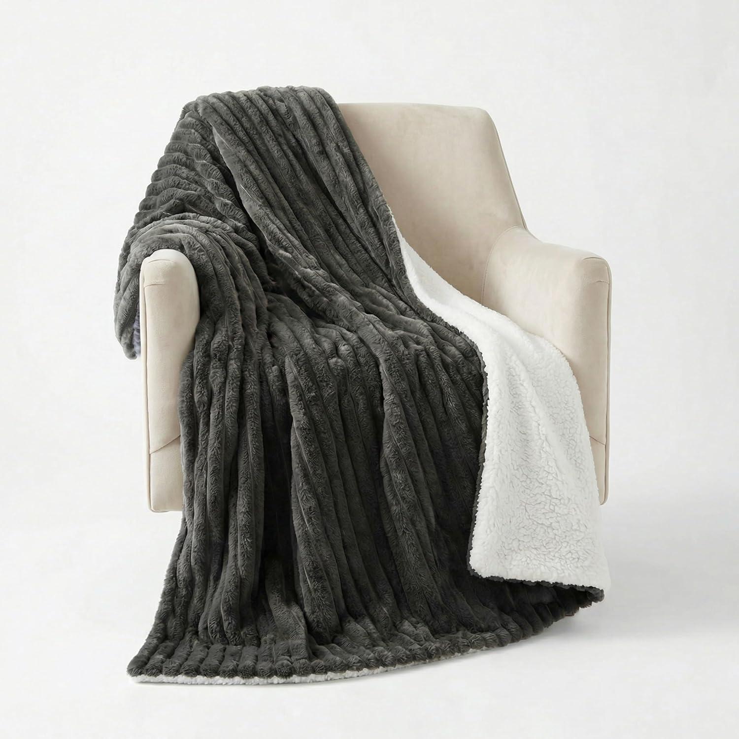 imageLavish Home Faux Fur Throw Blanket 60x70Inch Twin Blanket for Couch Bed or Chair Soft Throw with Plush Faux Rabbit Fur and Warm Sherpa for Living Room Bedroom and Home Decor IvoryGray