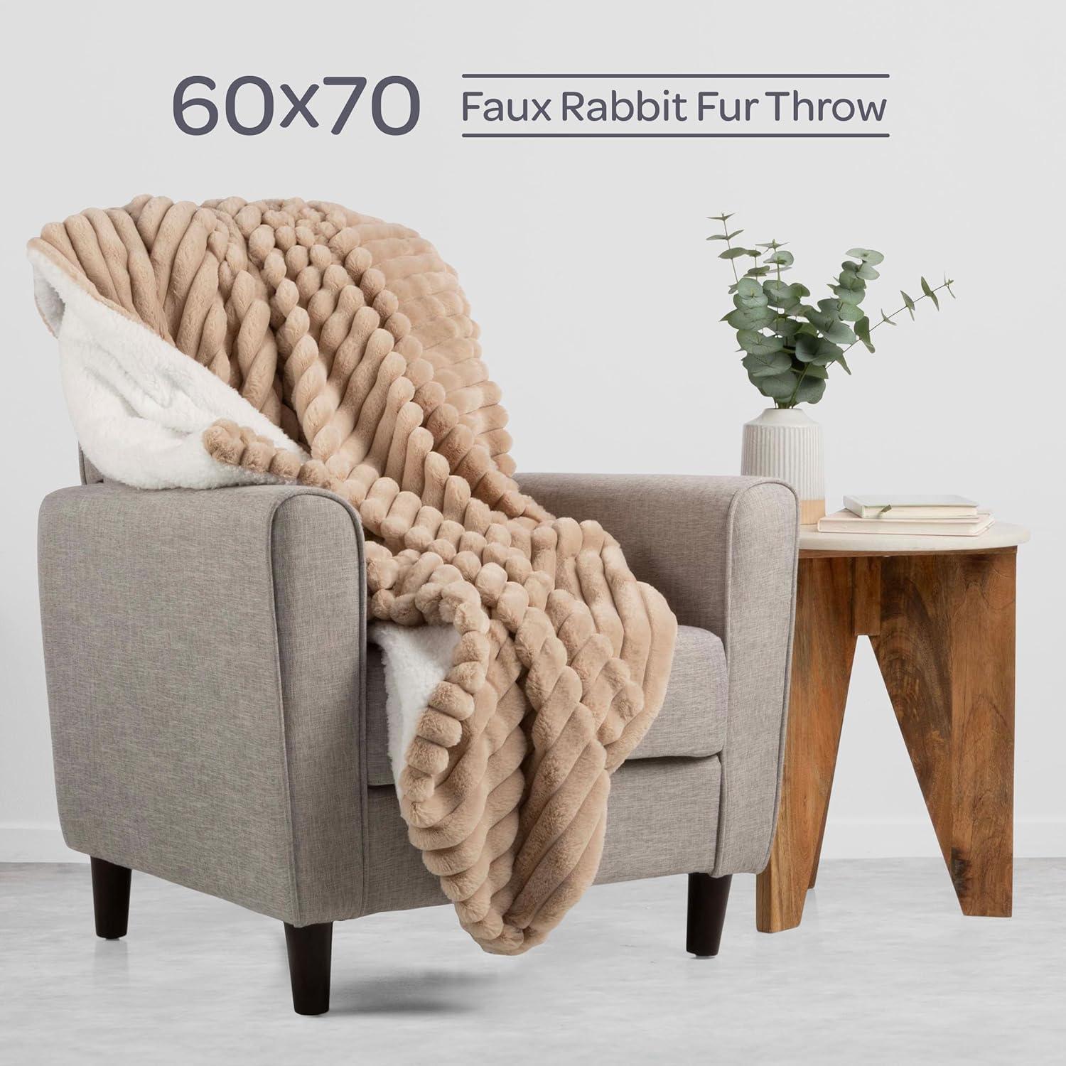 imageLavish Home Faux Fur Throw Blanket 60x70Inch Twin Blanket for Couch Bed or Chair Soft Throw with Plush Faux Rabbit Fur and Warm Sherpa for Living Room Bedroom and Home Decor IvoryTaupe