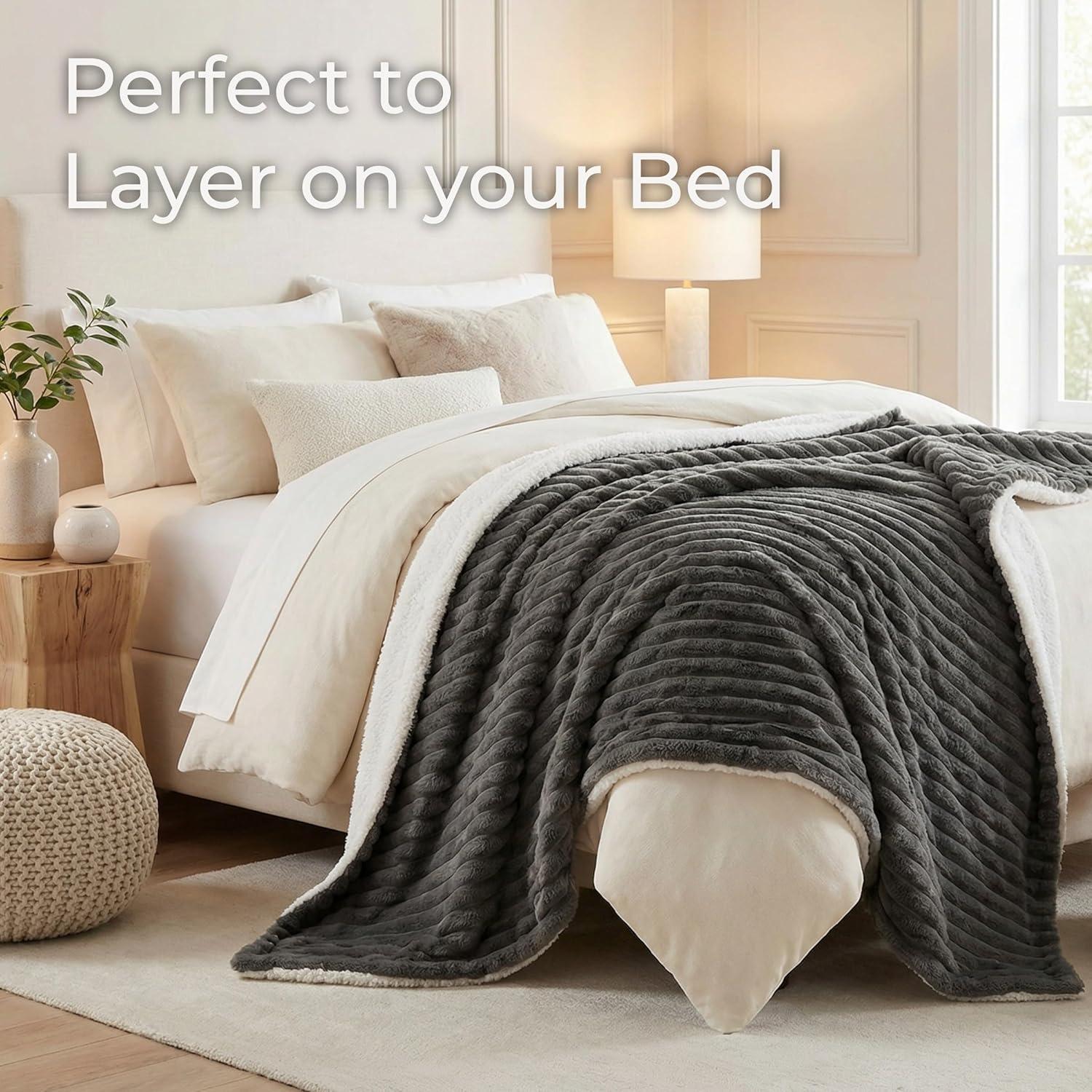 imageLavish Home Faux Fur Throw Blanket 60x70Inch Twin Blanket for Couch Bed or Chair Soft Throw with Plush Faux Rabbit Fur and Warm Sherpa for Living Room Bedroom and Home Decor IvoryGray