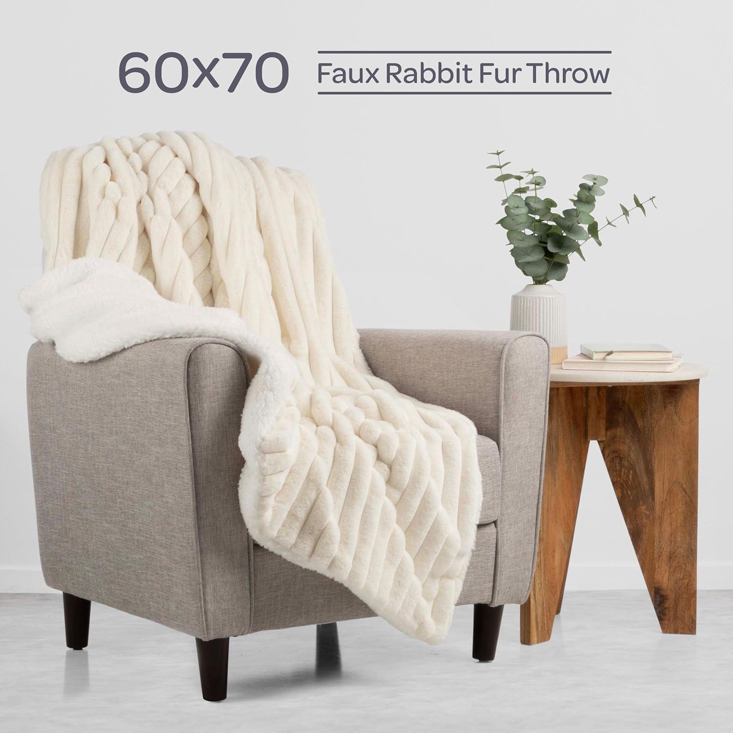 imageLavish Home Faux Fur Throw Blanket 60x70Inch Twin Blanket for Couch Bed or Chair Soft Throw with Plush Faux Rabbit Fur and Warm Sherpa for Living Room Bedroom and Home Decor IvoryIvory